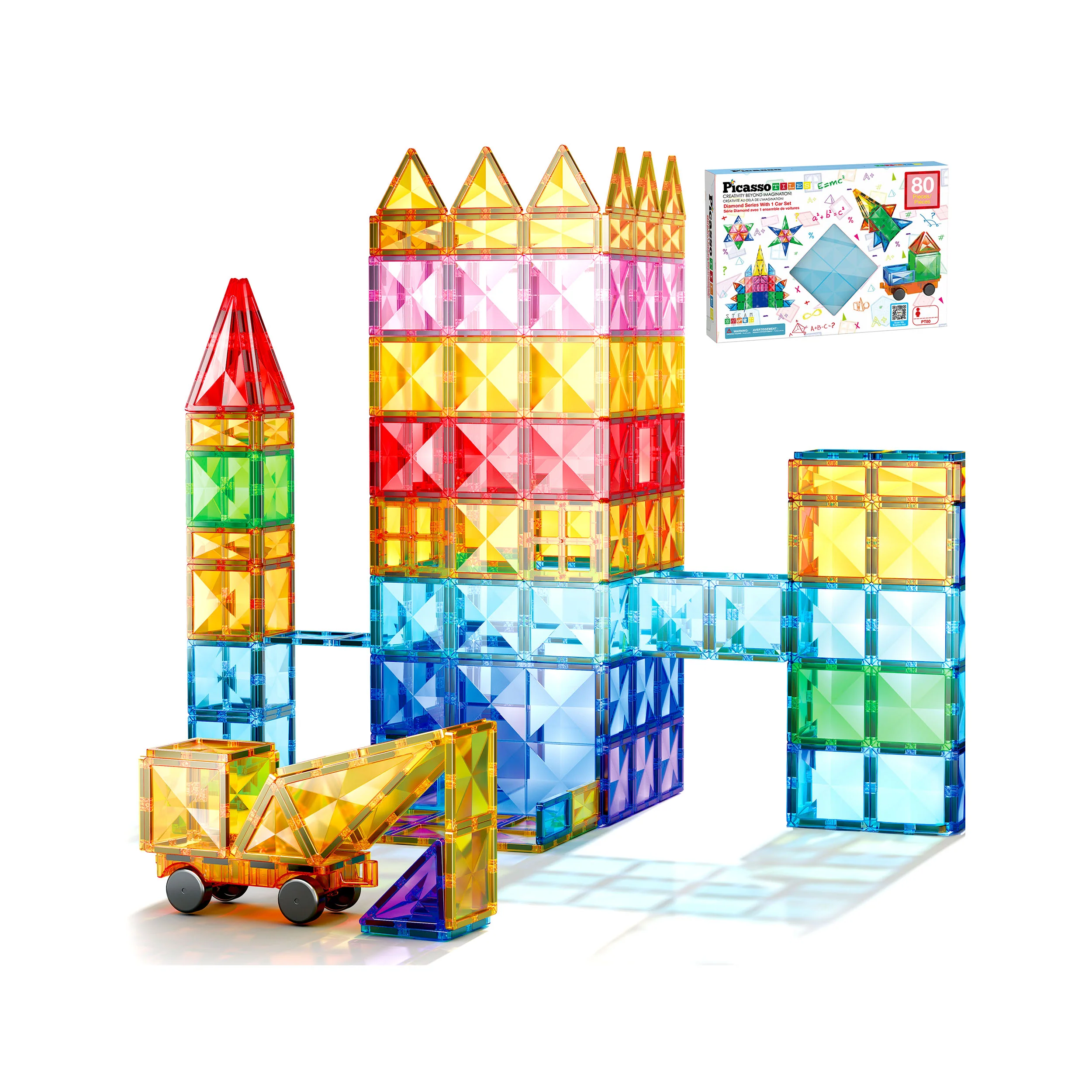 PicassoTiles 80pc Diamond-Cut Magnetic Tiles Set with Car Base (PT80)