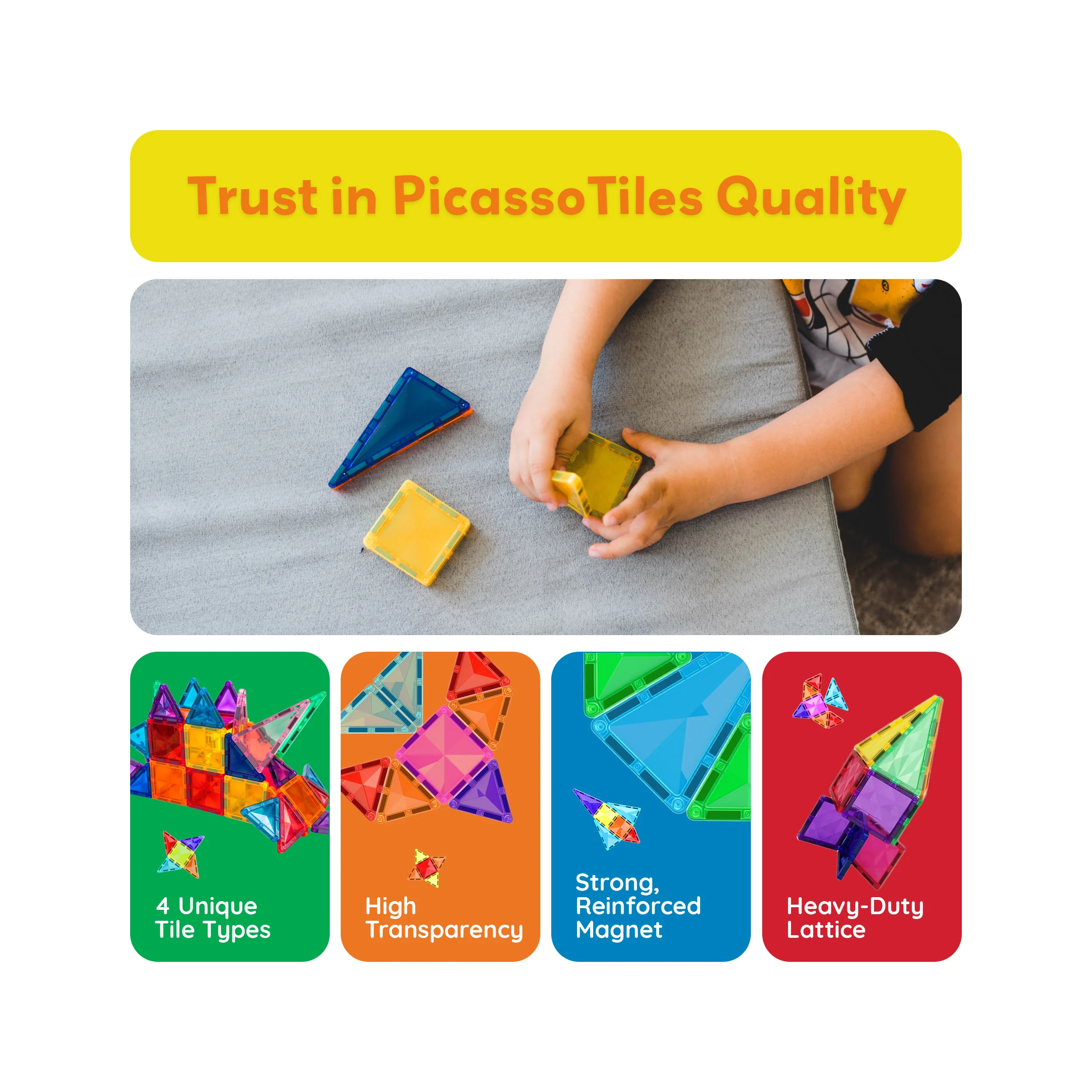 PicassoTiles 80pc Diamond-Cut Magnetic Tiles Set with Car Base (PT80) - Image 2