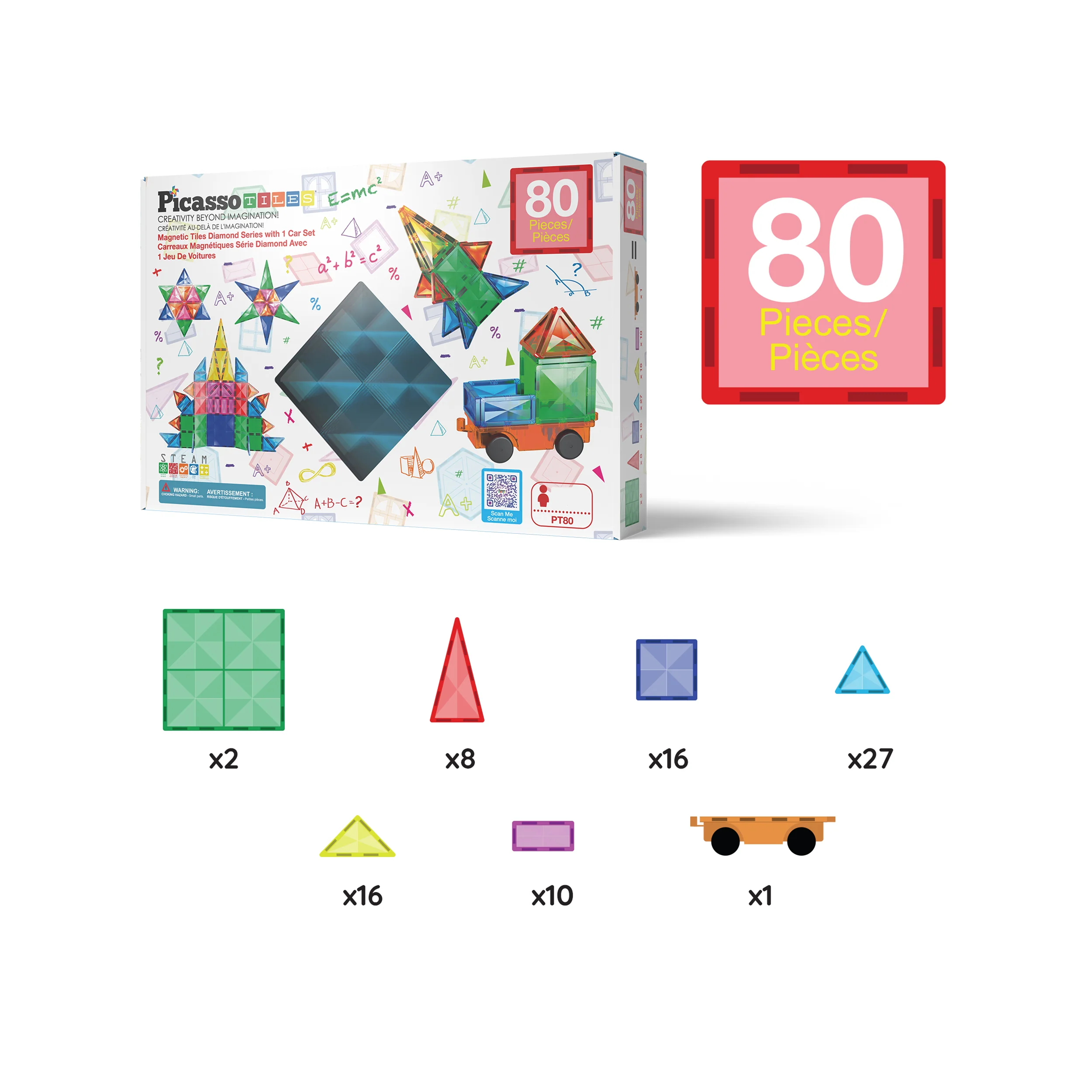 PicassoTiles 80pc Diamond-Cut Magnetic Tiles Set with Car Base (PT80) - Image 3