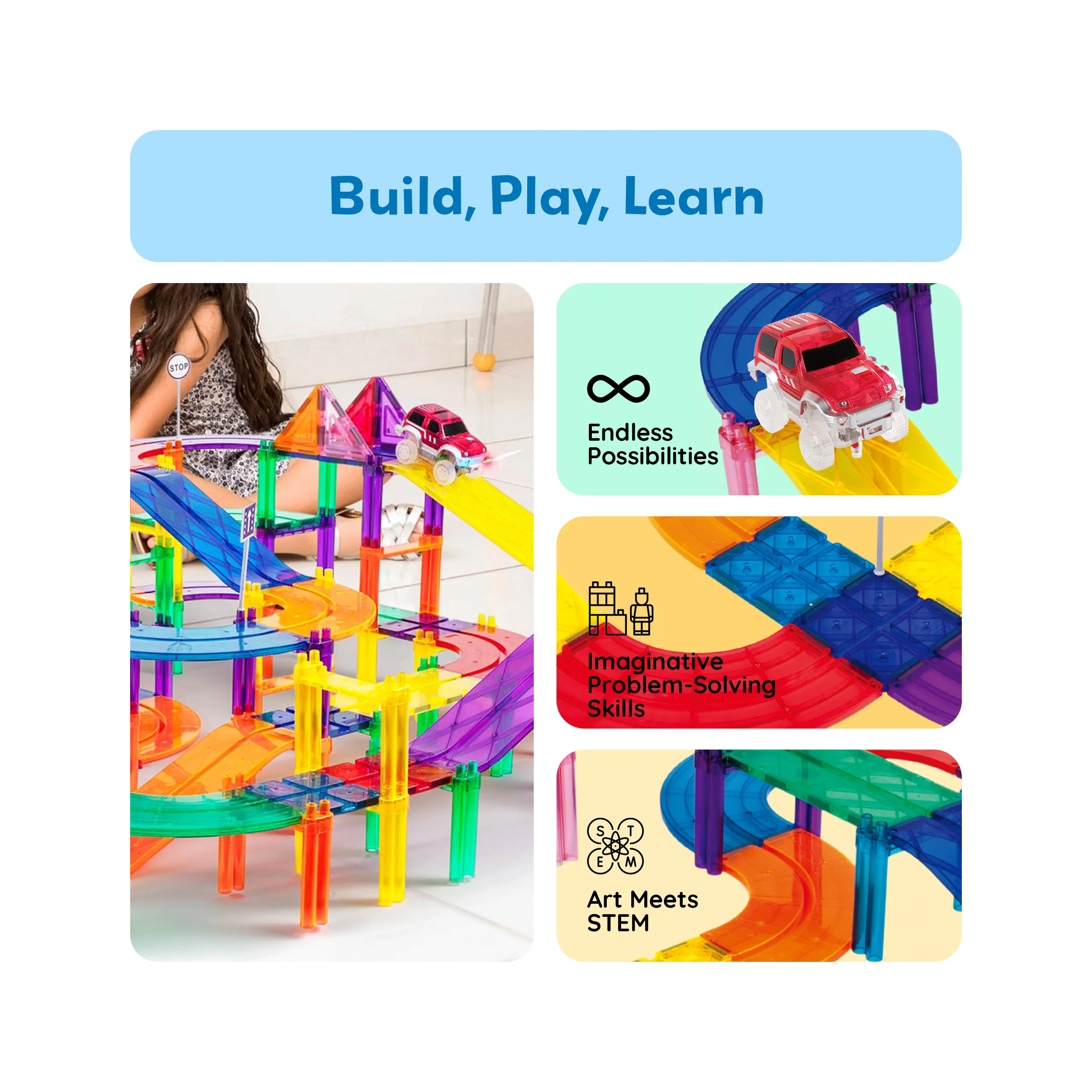 PicassoTiles 80pc Magnetic Tiles Race Track Set with LED Cars - Image 3
