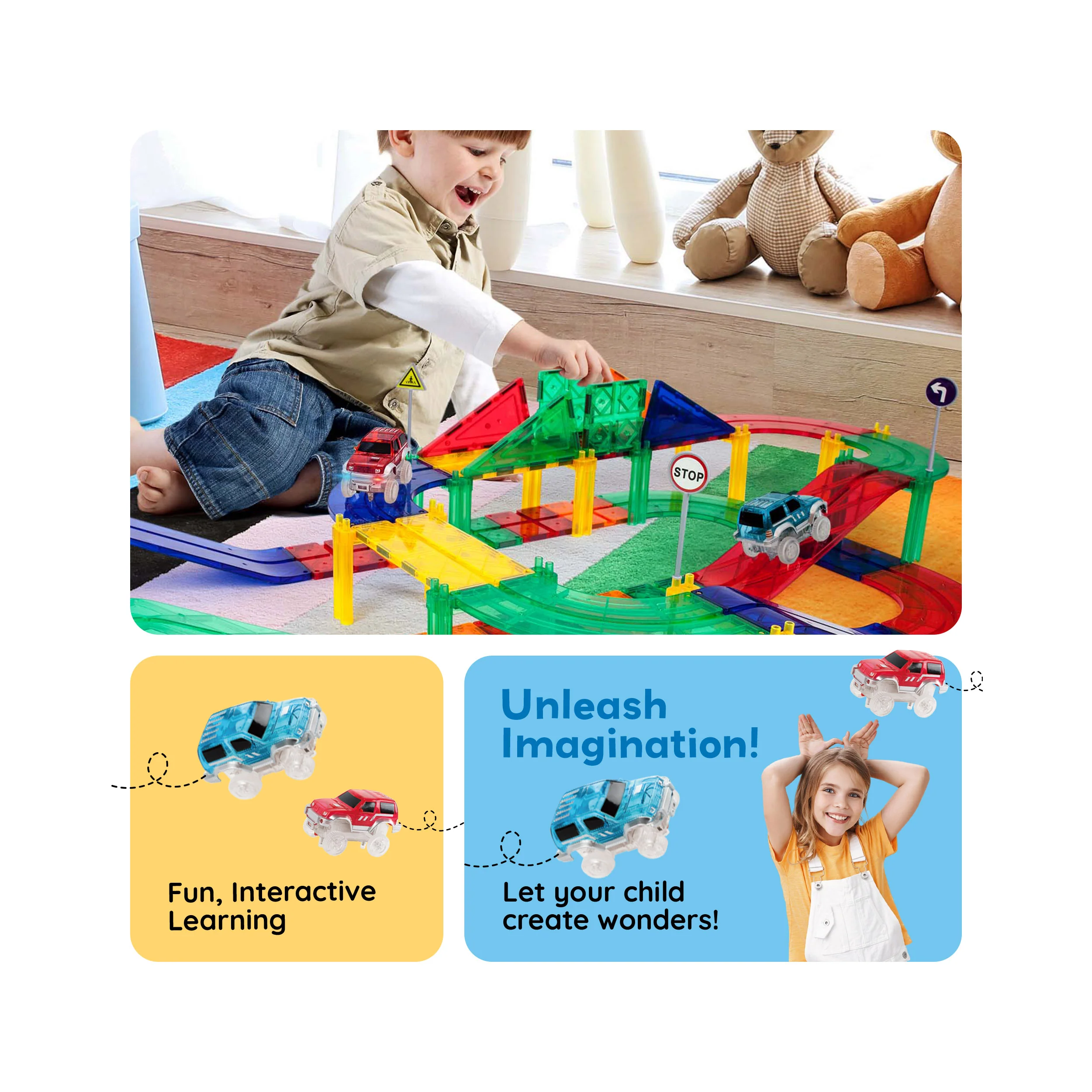 PicassoTiles 80pc Magnetic Tiles Race Track Set with LED Cars - Image 4