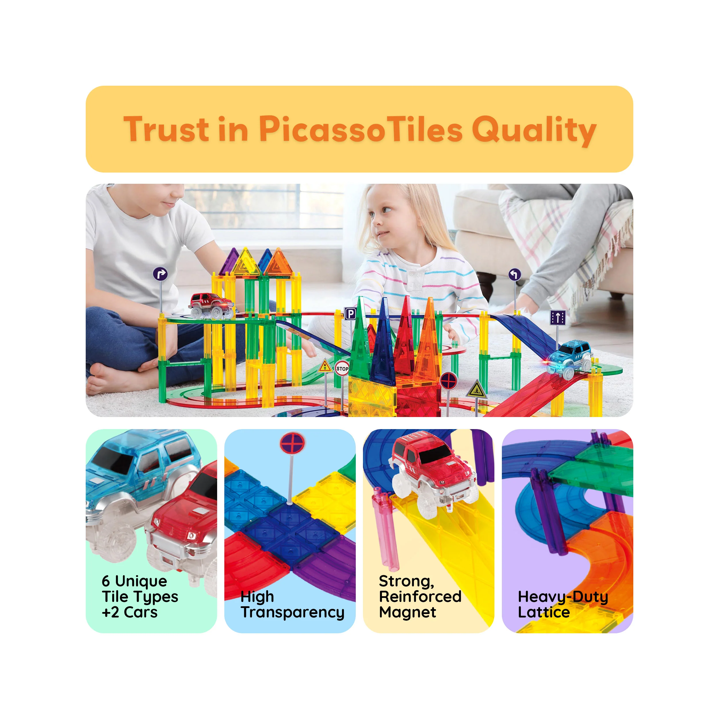 PicassoTiles 80pc Magnetic Tiles Race Track Set with LED Cars - Image 5