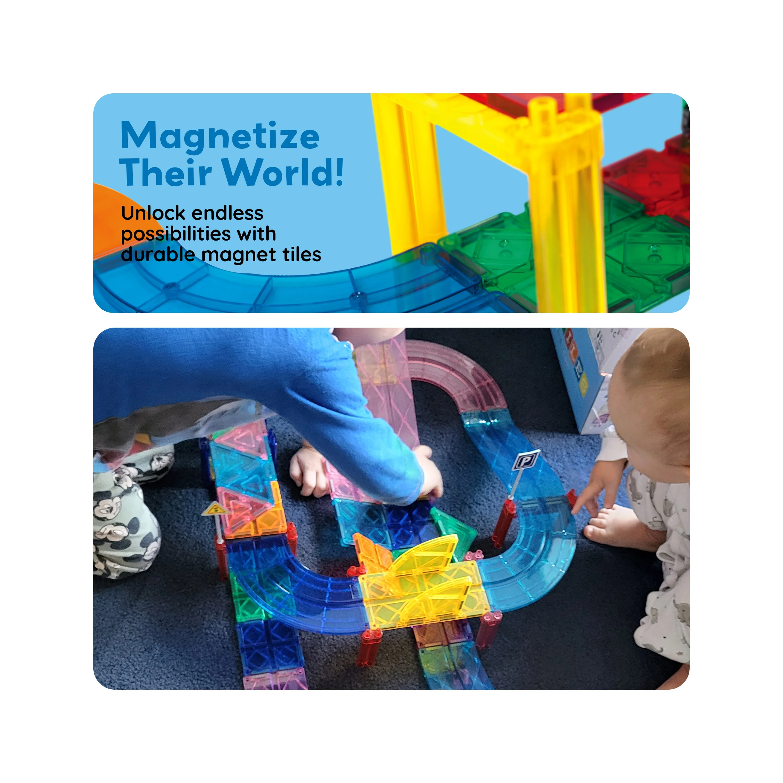PicassoTiles 80pc Magnetic Tiles Race Track Set with LED Cars - Image 6