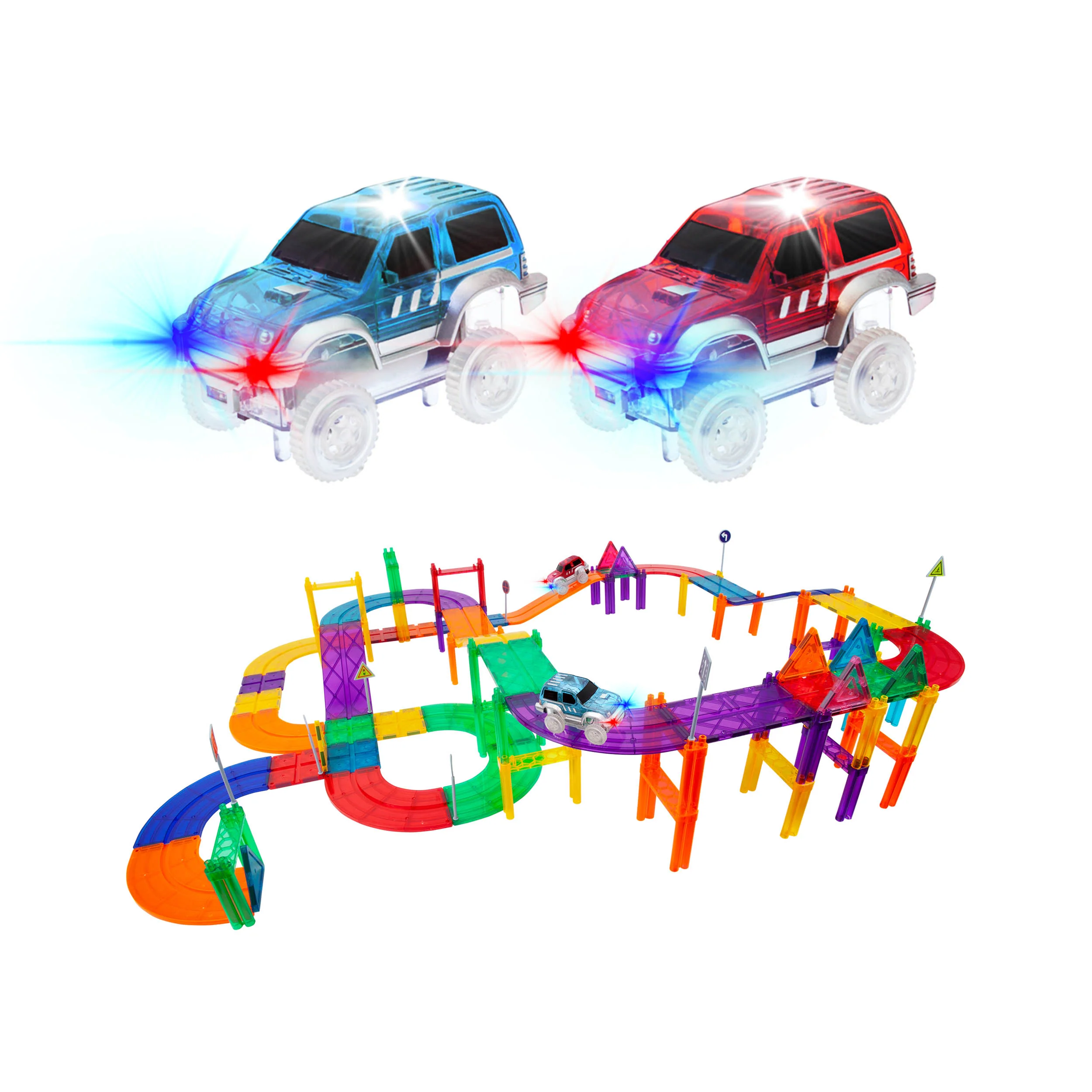 PicassoTiles 81pc Magnetic Tile Race Track Set w/ LED Cars