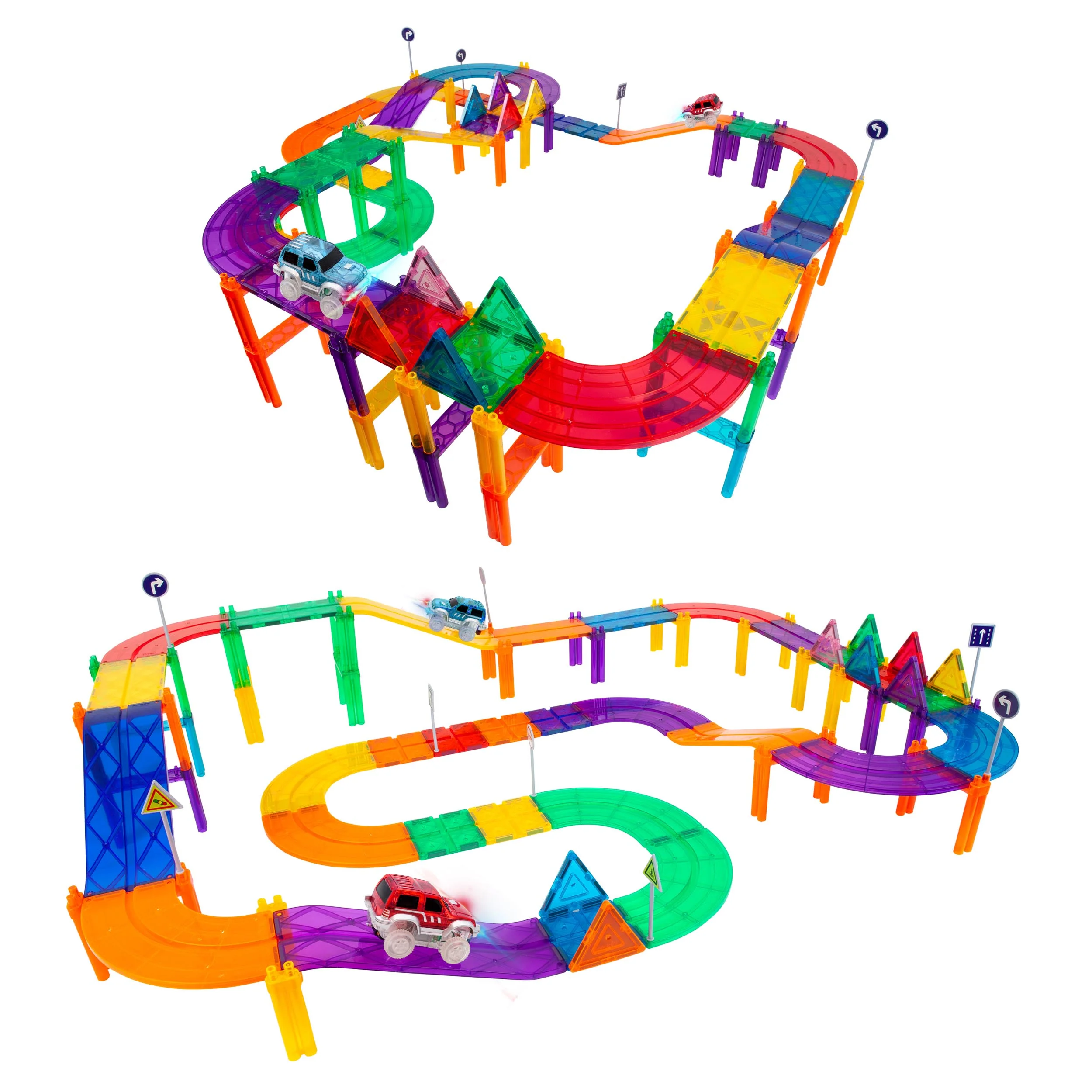 PicassoTiles 81pc Magnetic Tile Race Track Set w/ LED Cars - Image 3