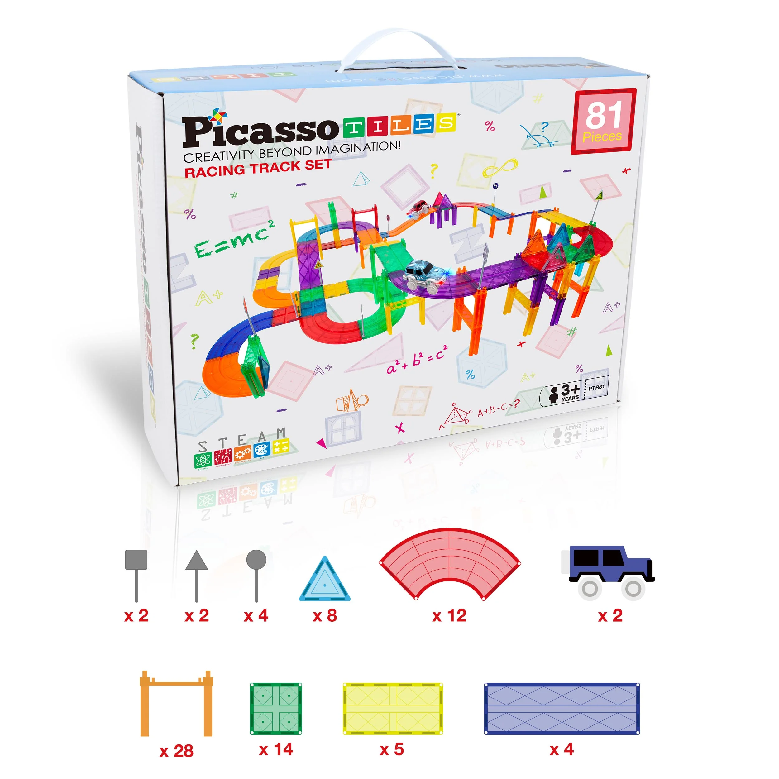 PicassoTiles 81pc Magnetic Tile Race Track Set w/ LED Cars - Image 7