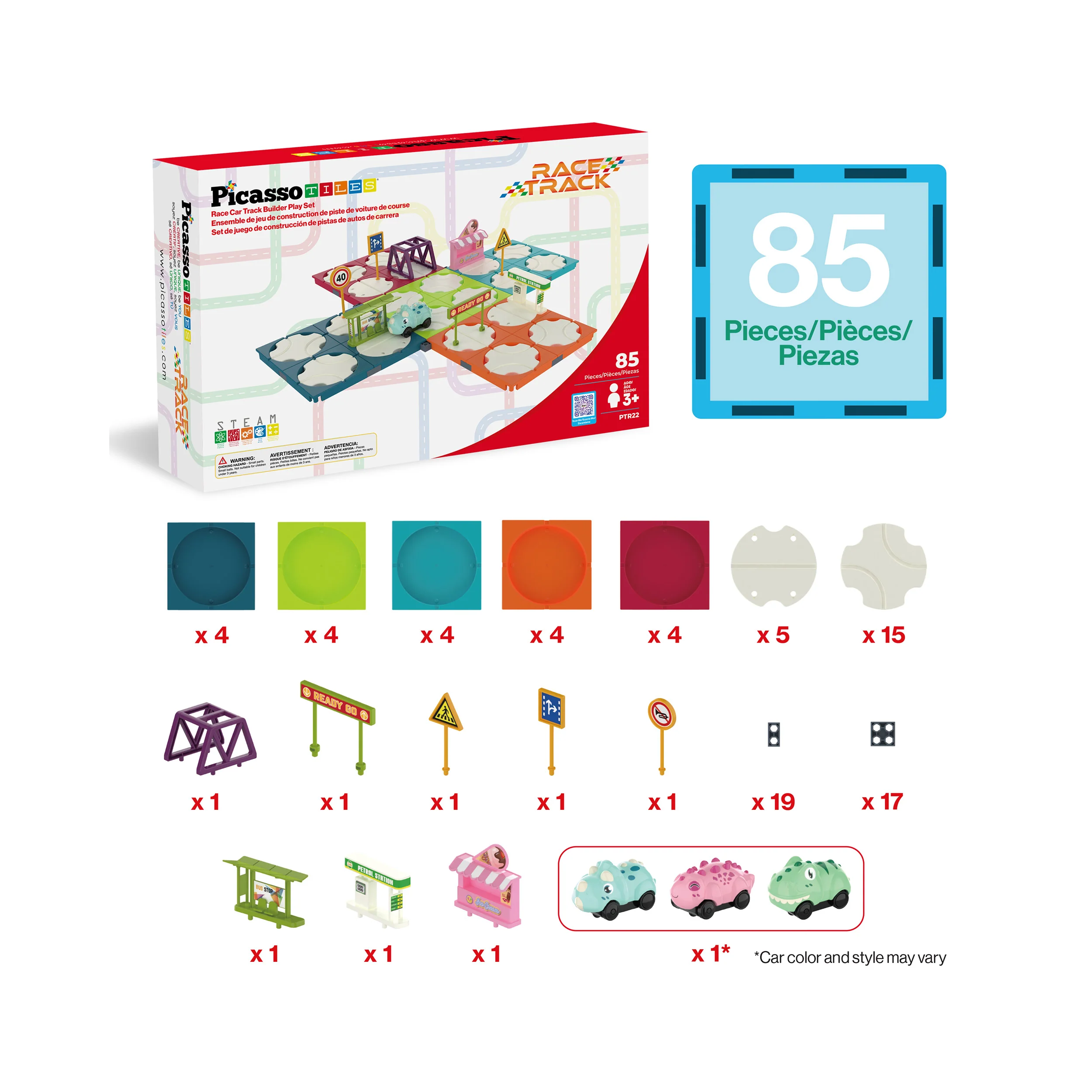 PicassoTiles 85pc Rotating Reversible Race Car Track Builder Set with Dino Vehicle - Image 3
