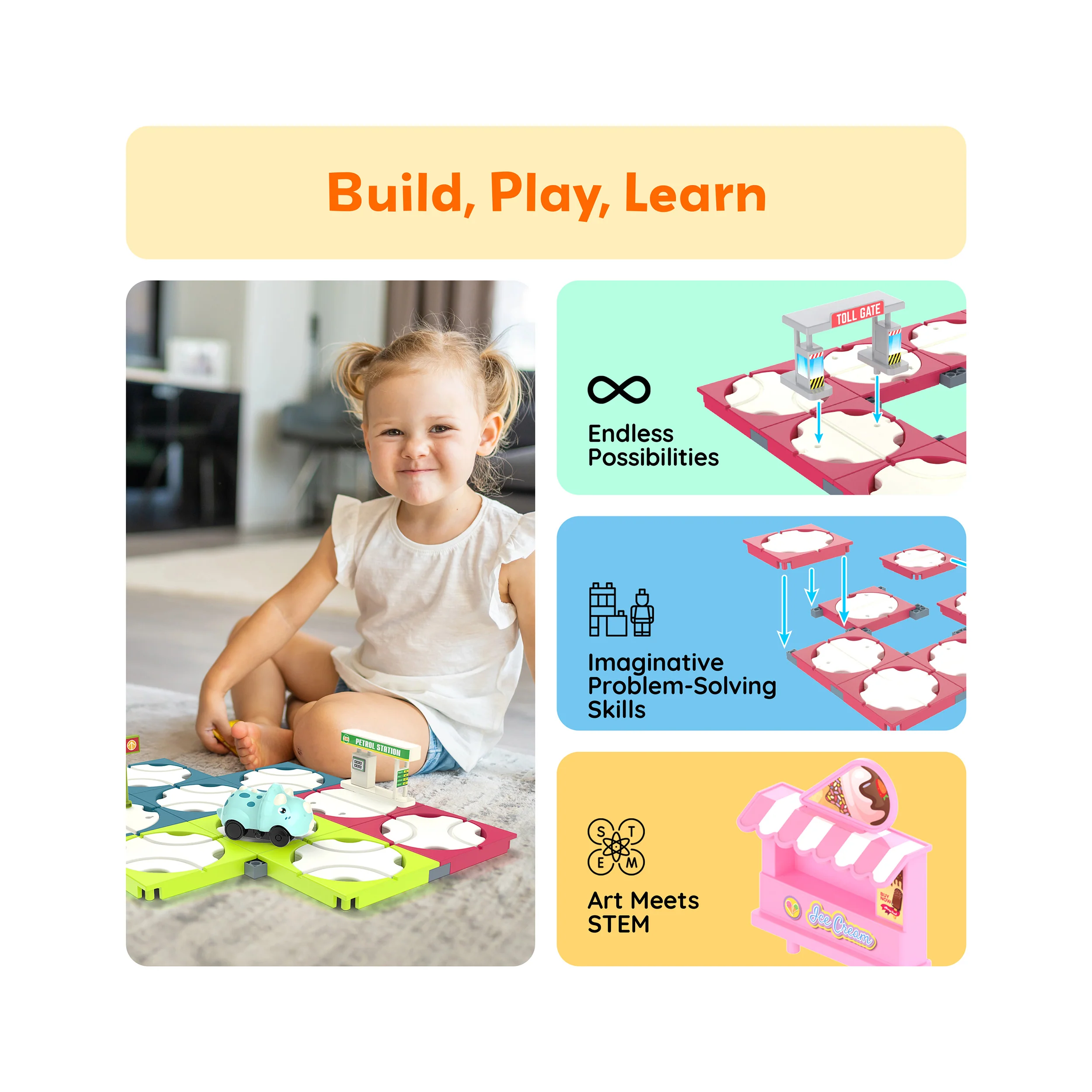 PicassoTiles 85pc Rotating Reversible Race Car Track Builder Set with Dino Vehicle - Image 4