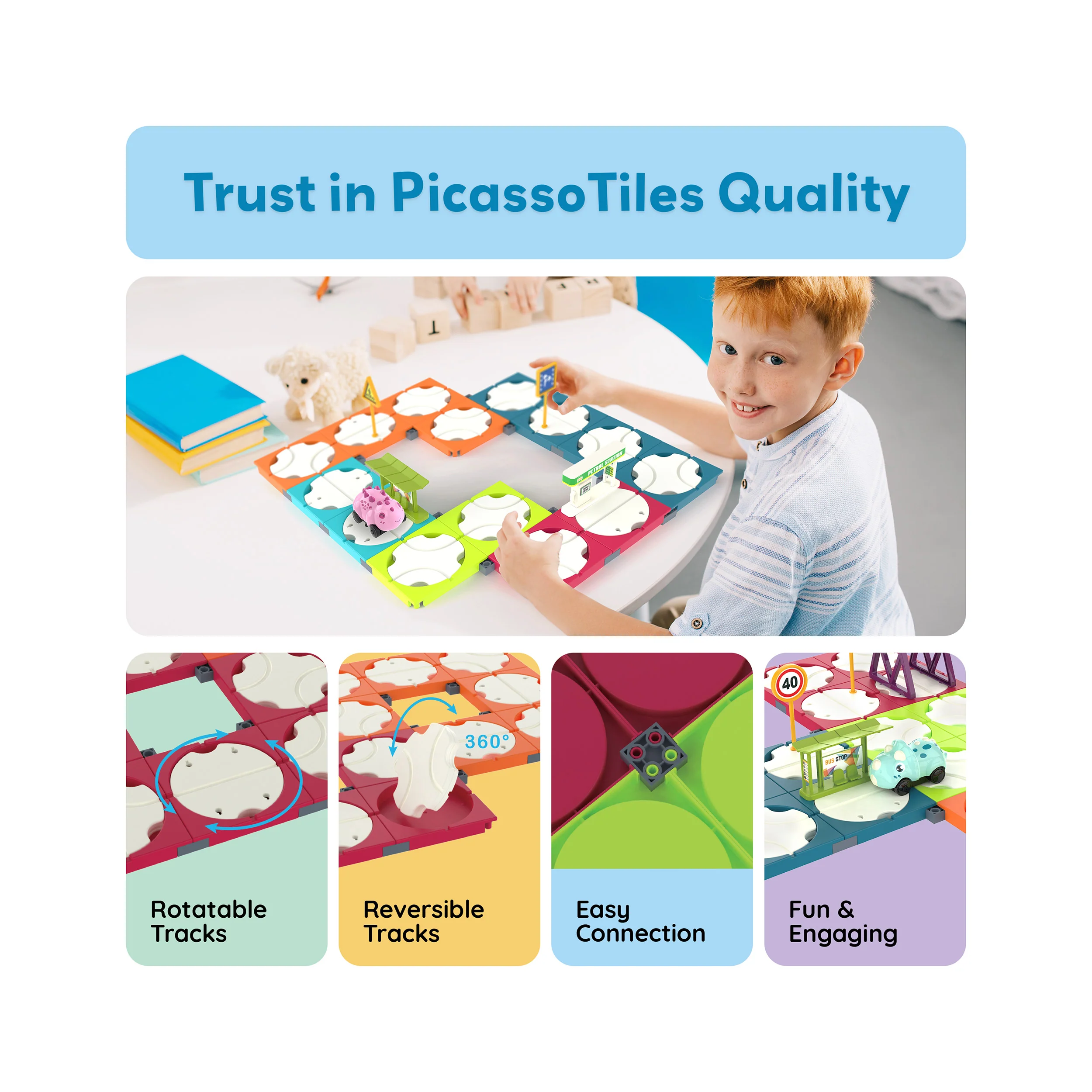 PicassoTiles 85pc Rotating Reversible Race Car Track Builder Set with Dino Vehicle - Image 7