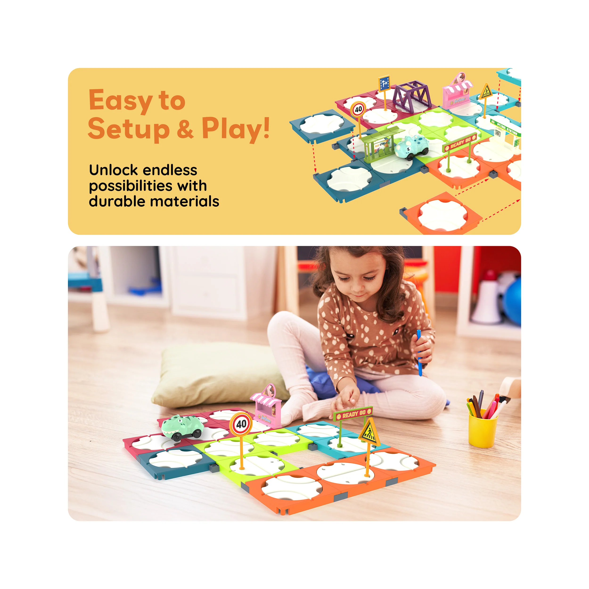 PicassoTiles 85pc Rotating Reversible Race Car Track Builder Set with Dino Vehicle - Image 9