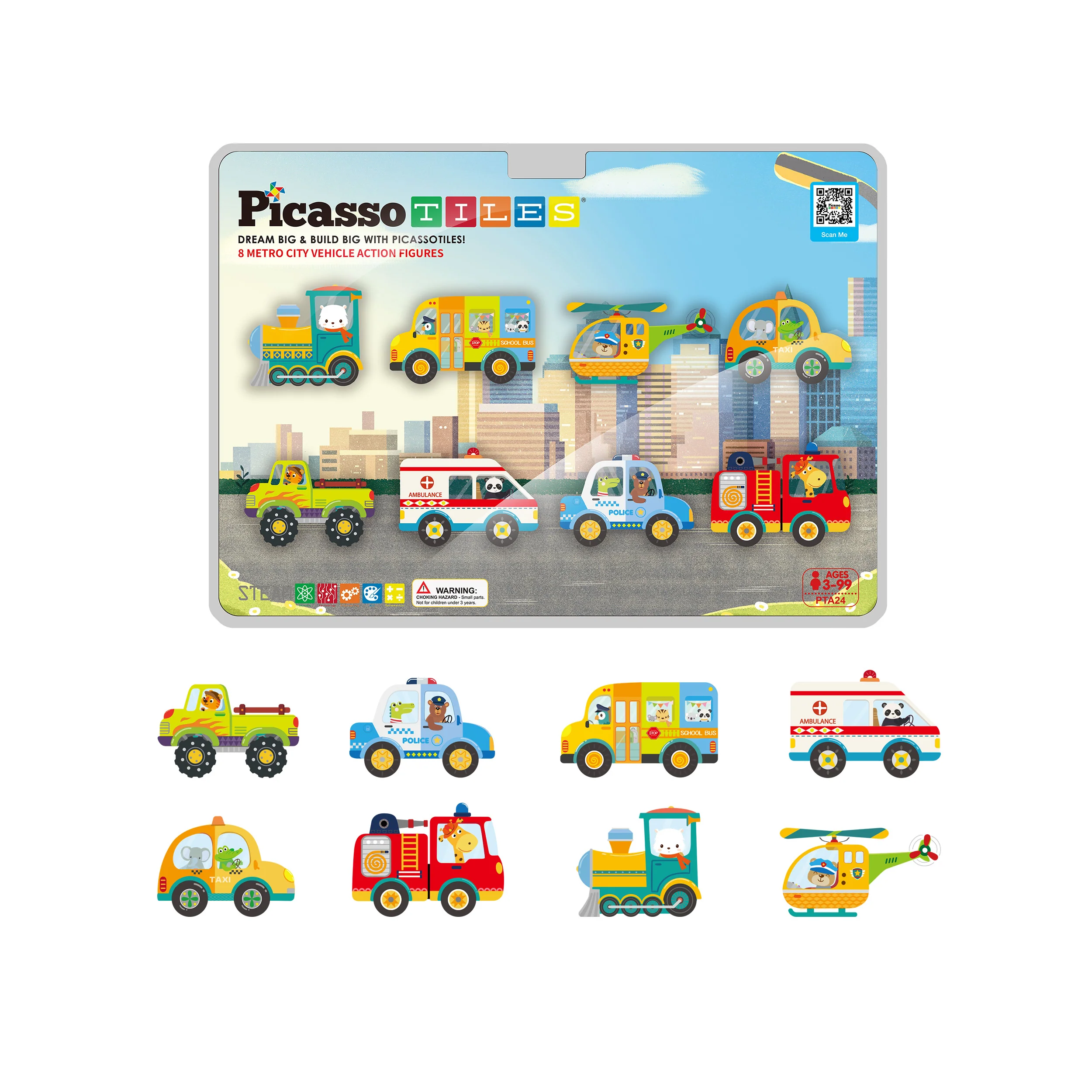 PicassoTiles Magnet Building Blocks Metro City 8 Vehicle Action Figures