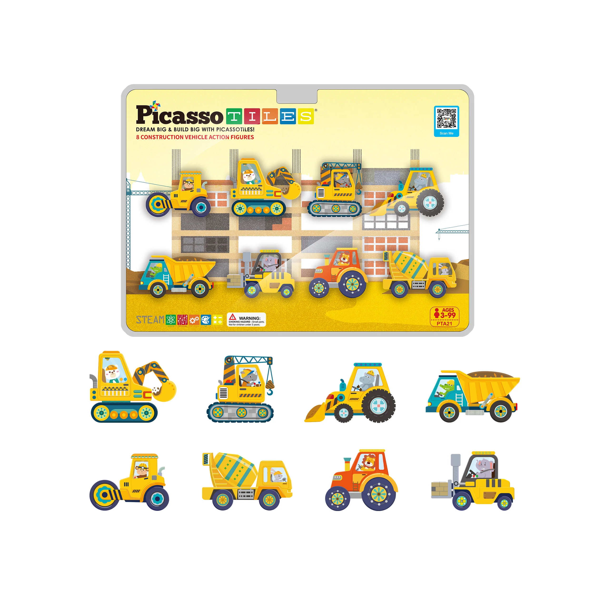 PicassoTiles 8pc Magnet Tile Zoo Animal Set on Construction Vehicles