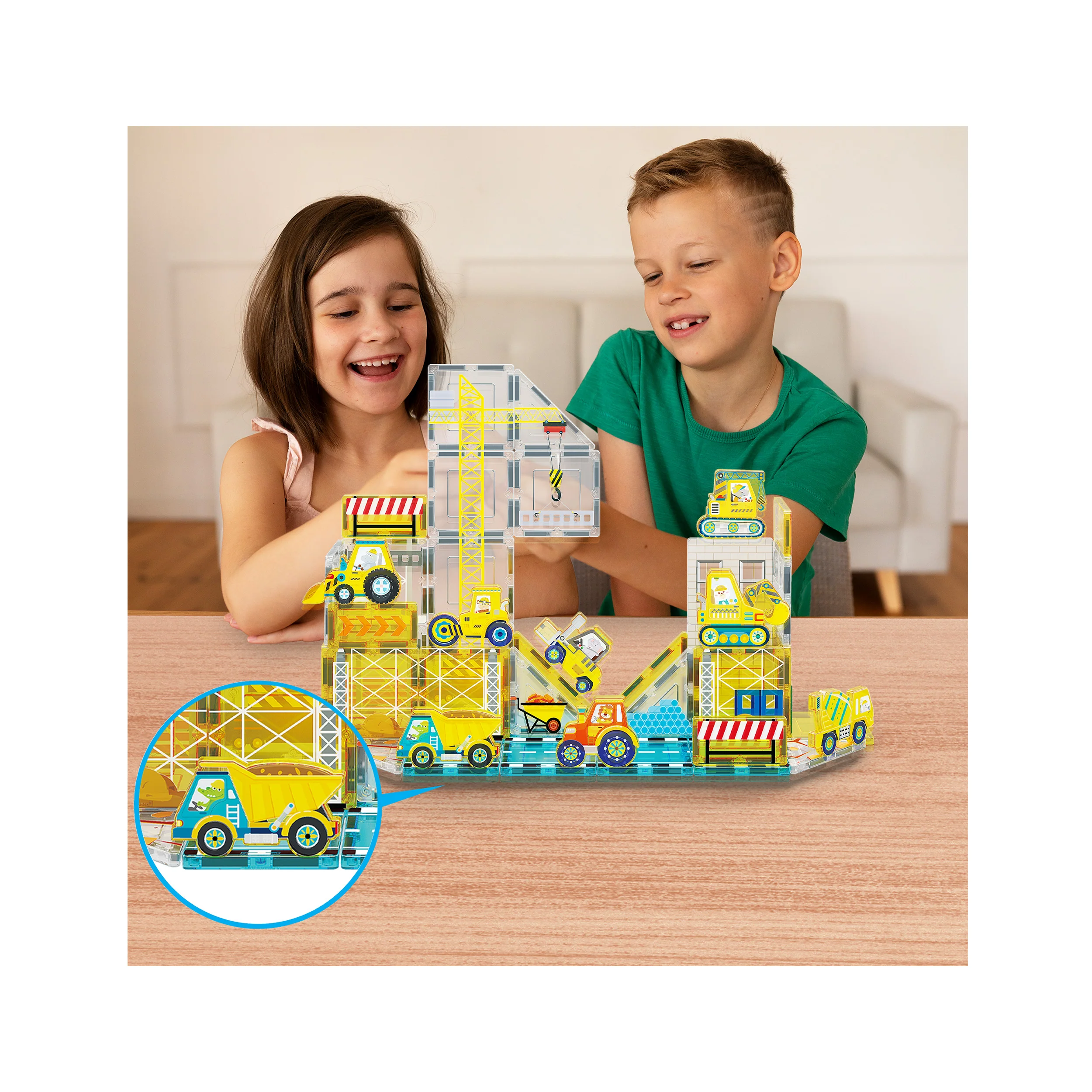 PicassoTiles 8pc Magnet Tile Zoo Animal Set on Construction Vehicles - Image 2