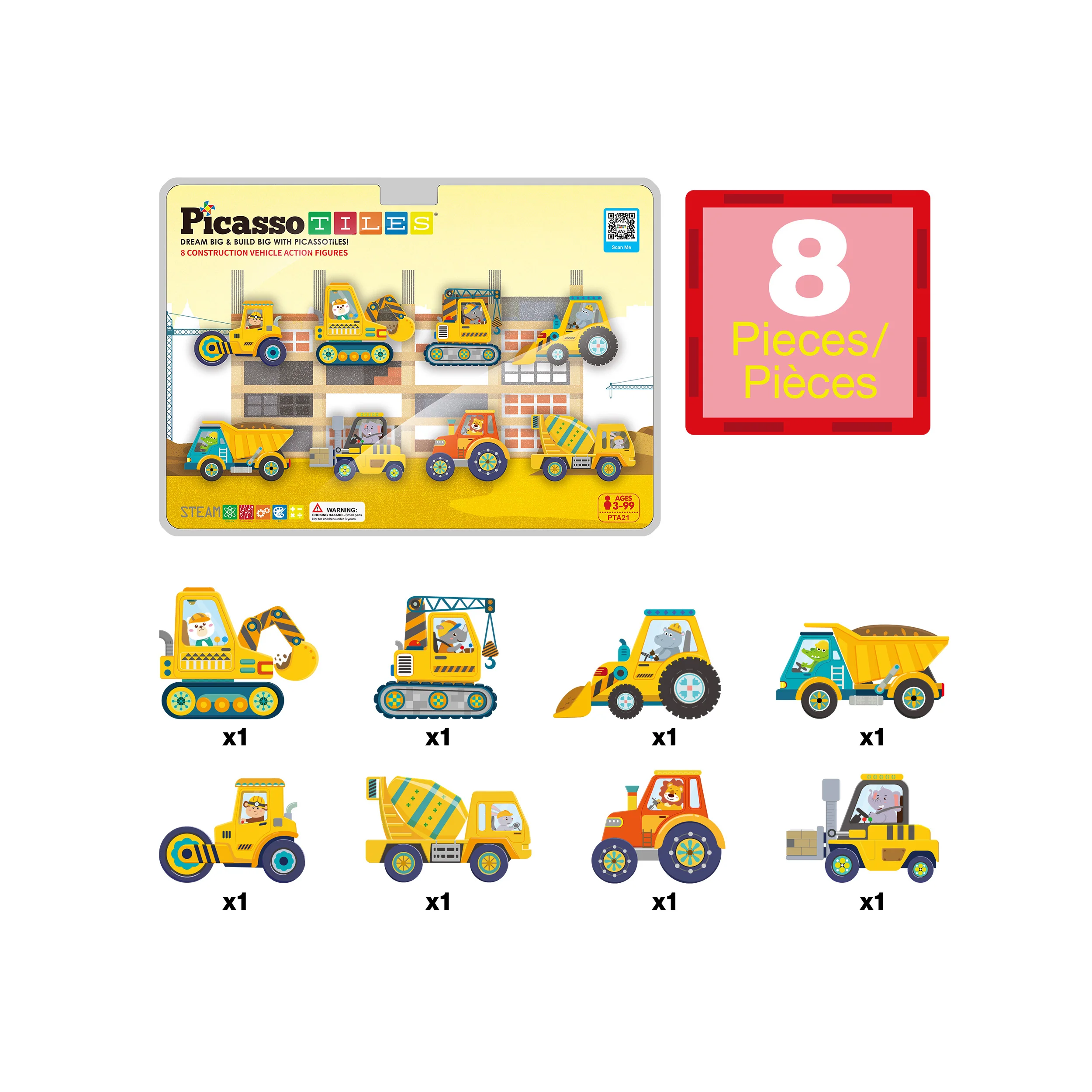 PicassoTiles 8pc Magnet Tile Zoo Animal Set on Construction Vehicles - Image 3