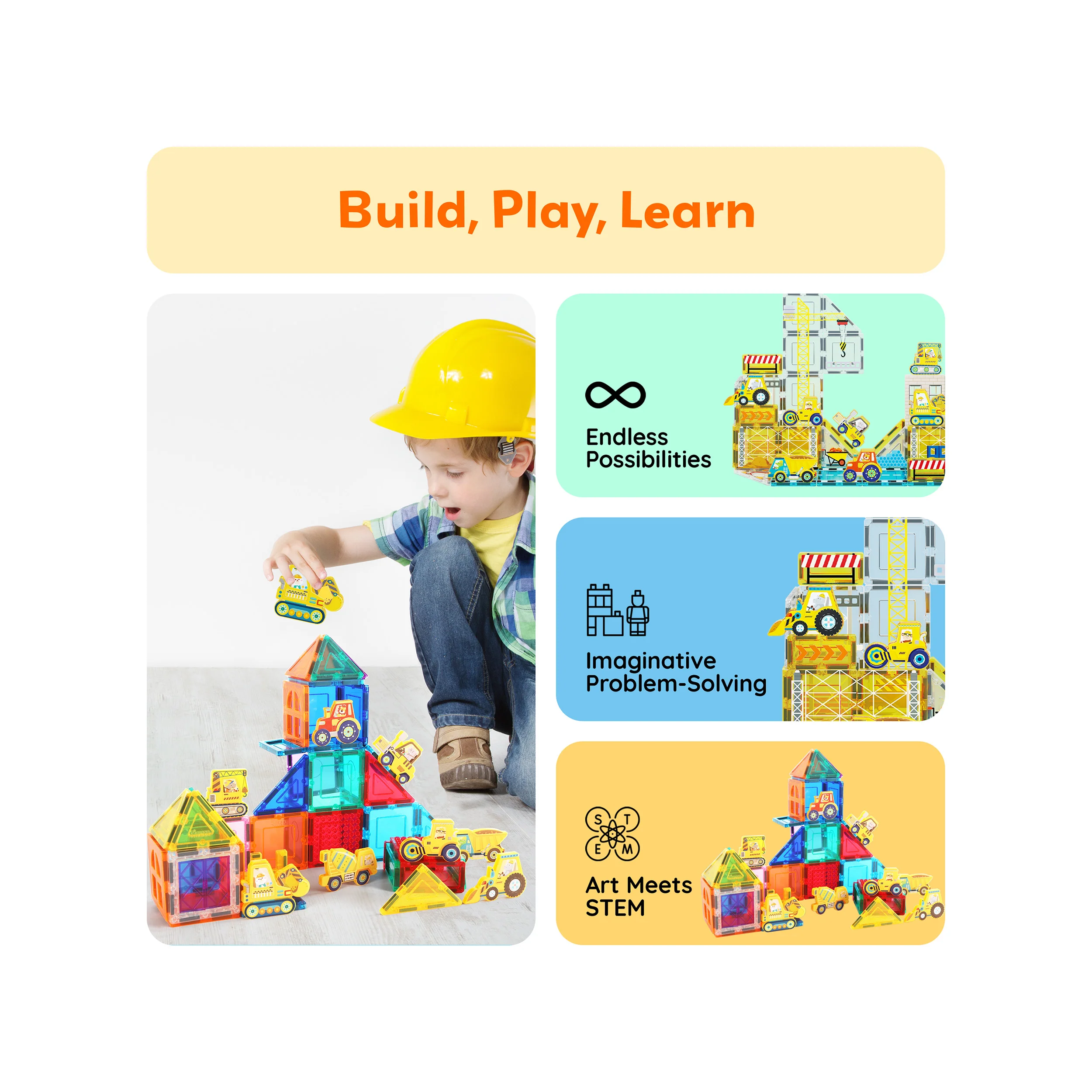PicassoTiles 8pc Magnet Tile Zoo Animal Set on Construction Vehicles - Image 4