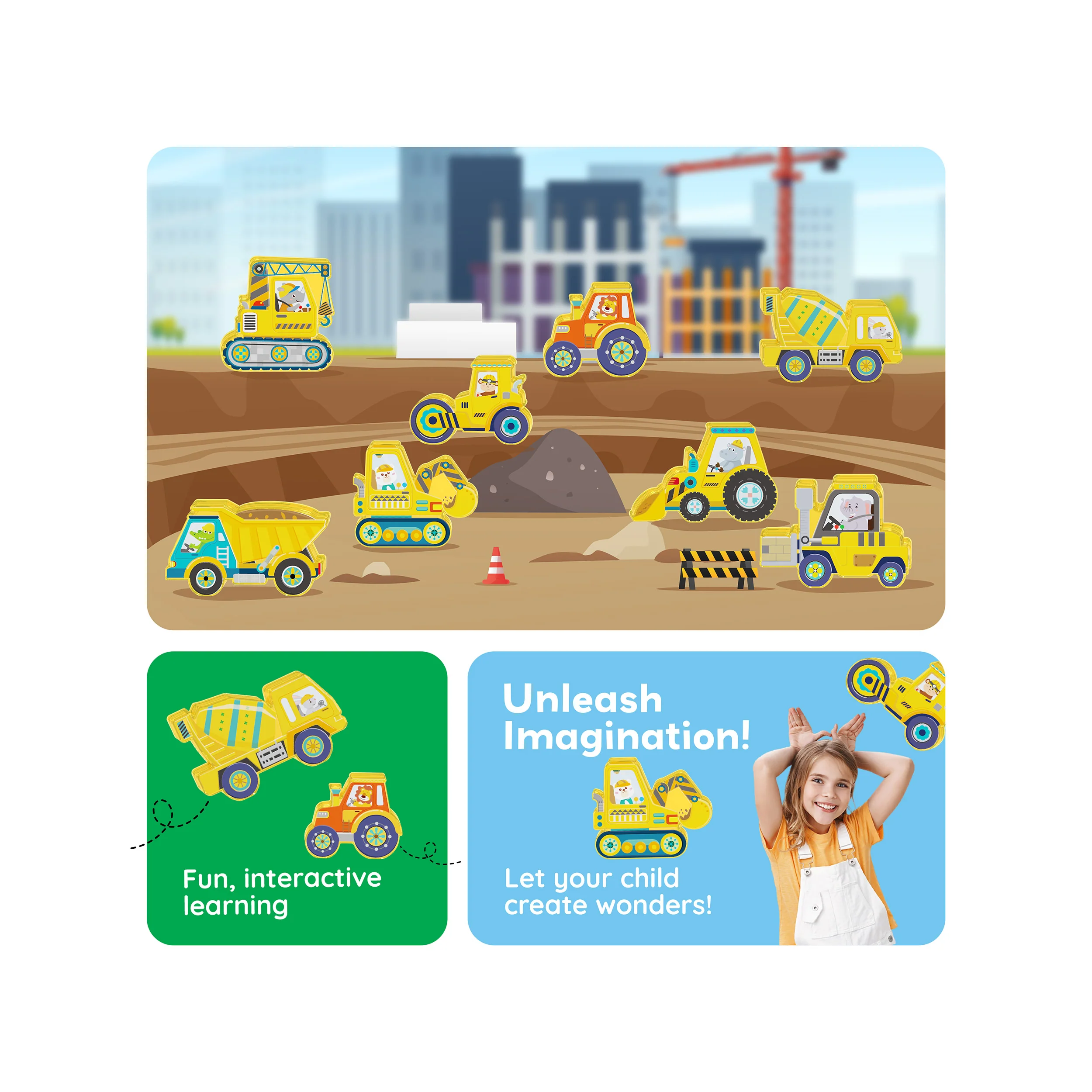 PicassoTiles 8pc Magnet Tile Zoo Animal Set on Construction Vehicles - Image 5