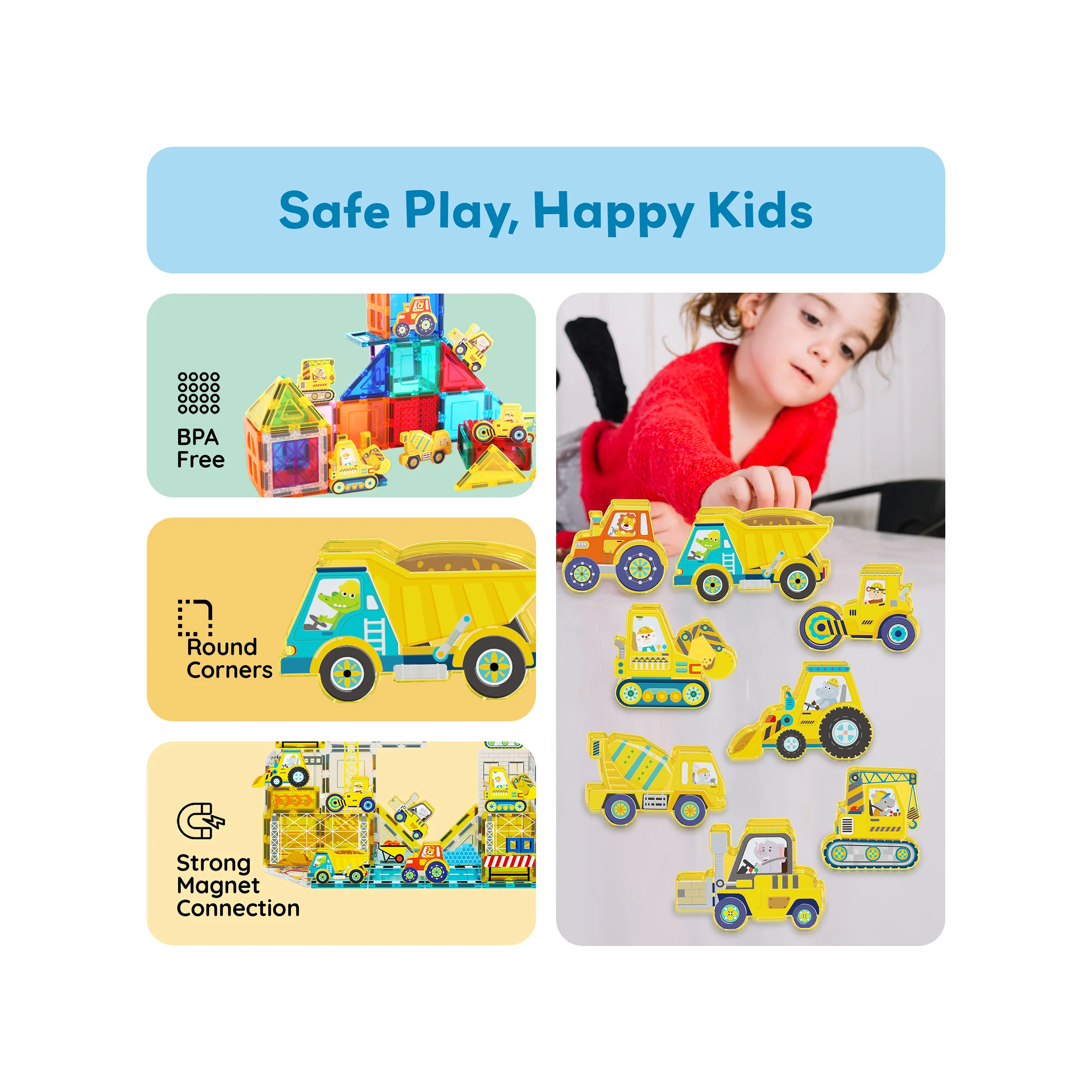 PicassoTiles 8pc Magnet Tile Zoo Animal Set on Construction Vehicles - Image 6