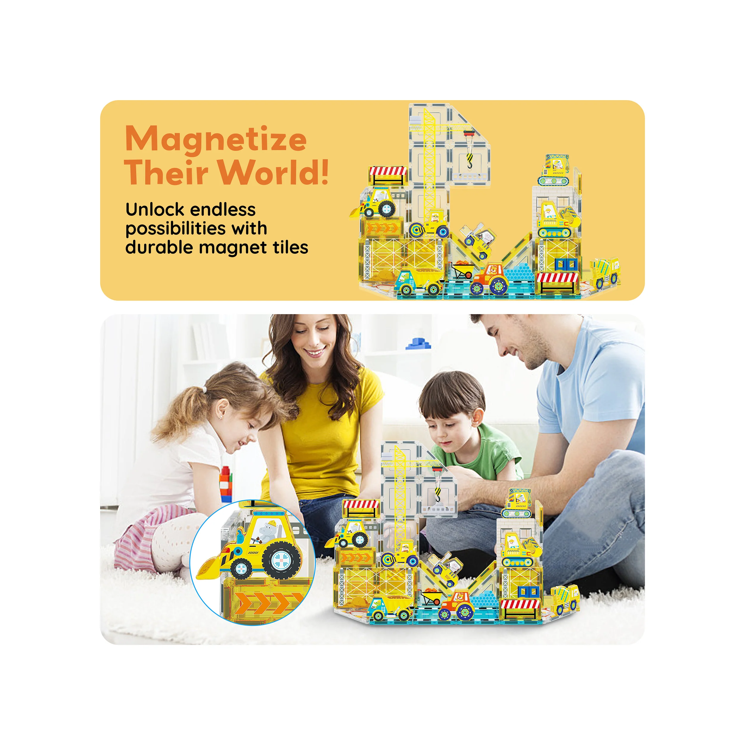 PicassoTiles 8pc Magnet Tile Zoo Animal Set on Construction Vehicles - Image 7