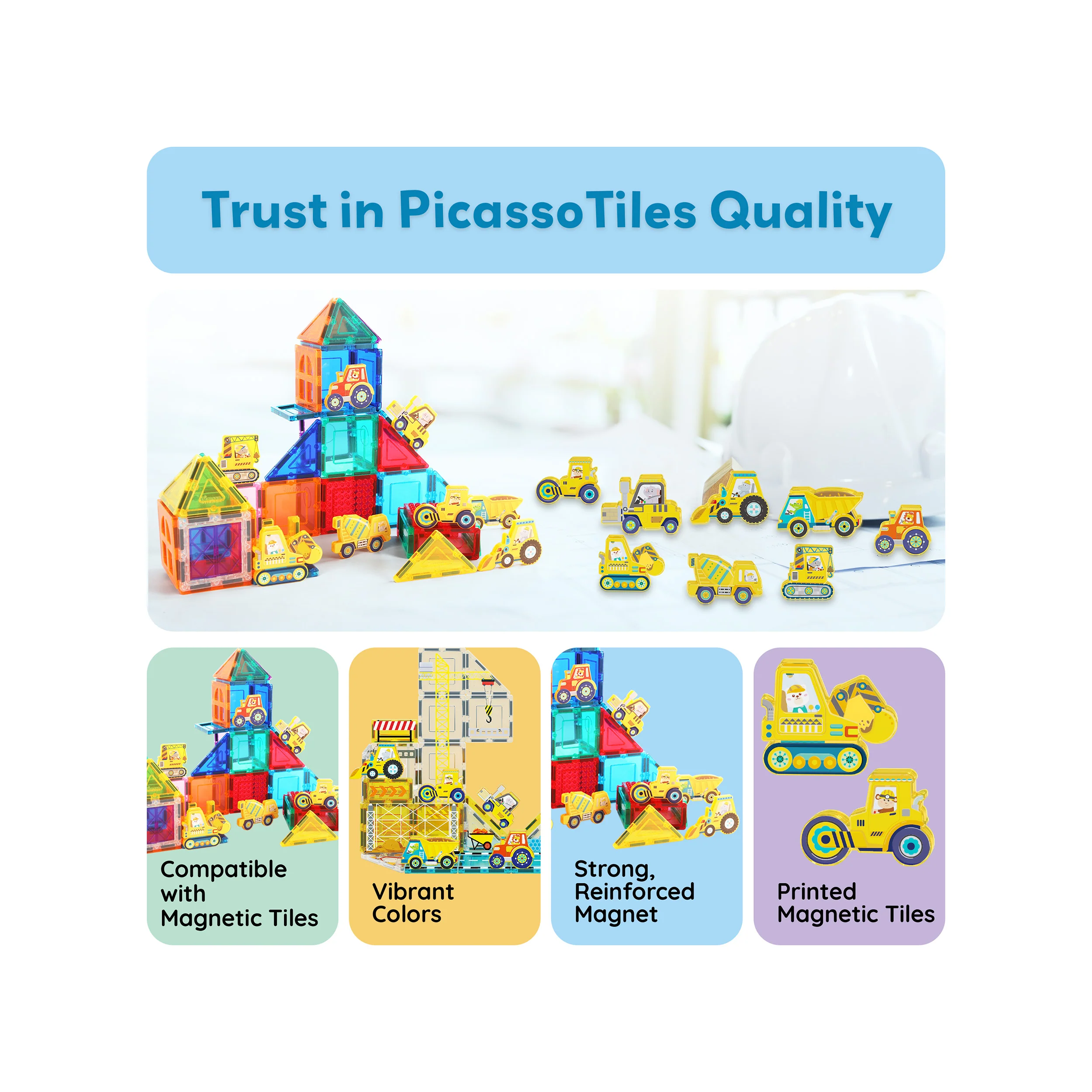 PicassoTiles 8pc Magnet Tile Zoo Animal Set on Construction Vehicles - Image 8