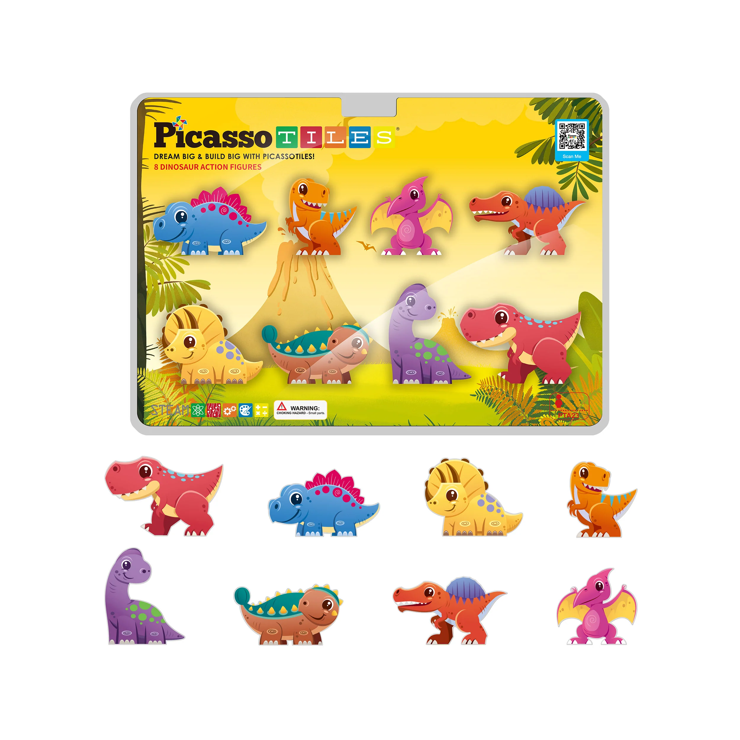 PicassoTiles Magnet Tiles Building Blocks 8 Dinosaur  Action Figures