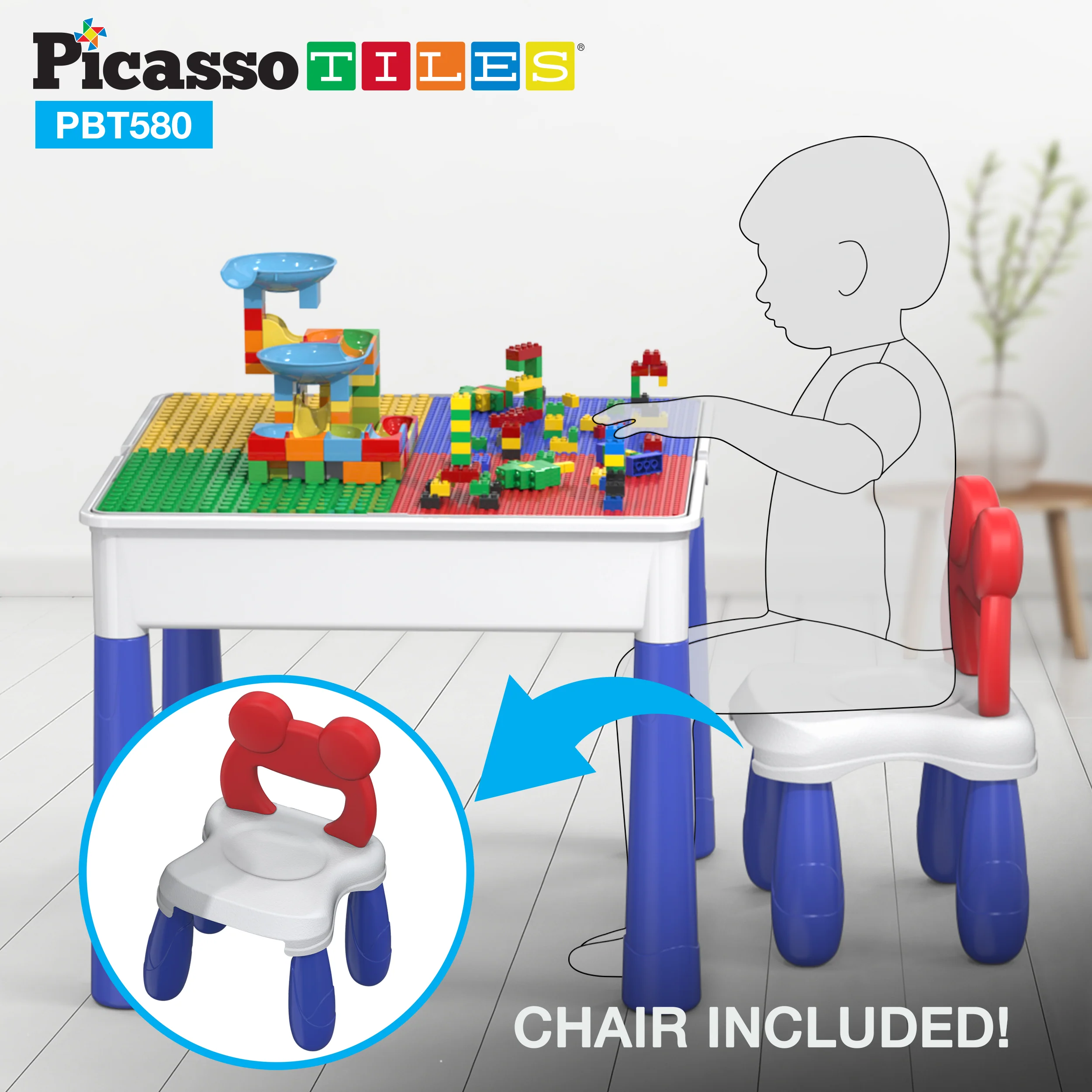 PicassoTiles Activity Center Table and Chair w/ Bricks and Marble Run Kit - Image 5
