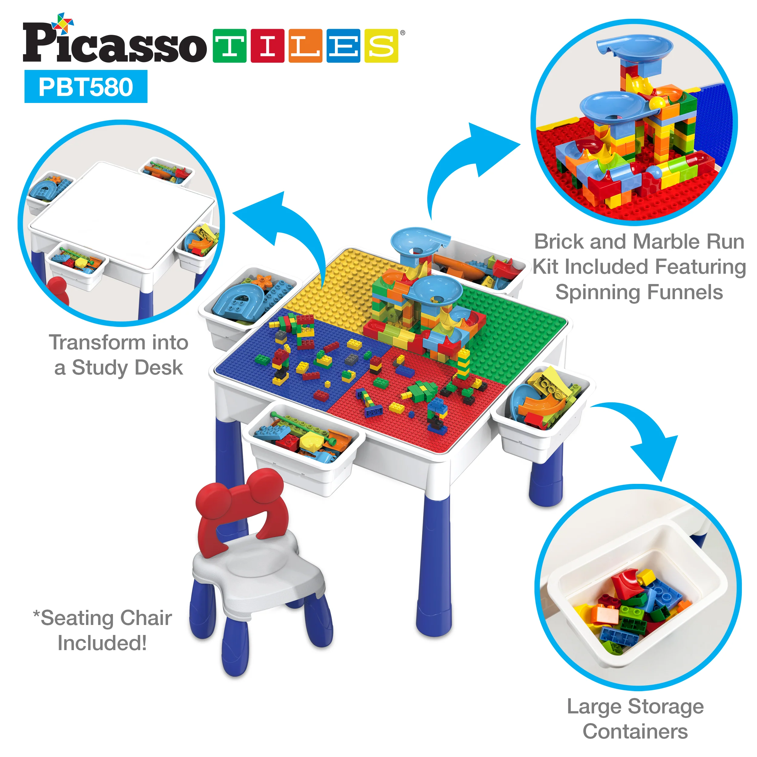 PicassoTiles Activity Center Table and Chair w/ Bricks and Marble Run Kit - Image 7