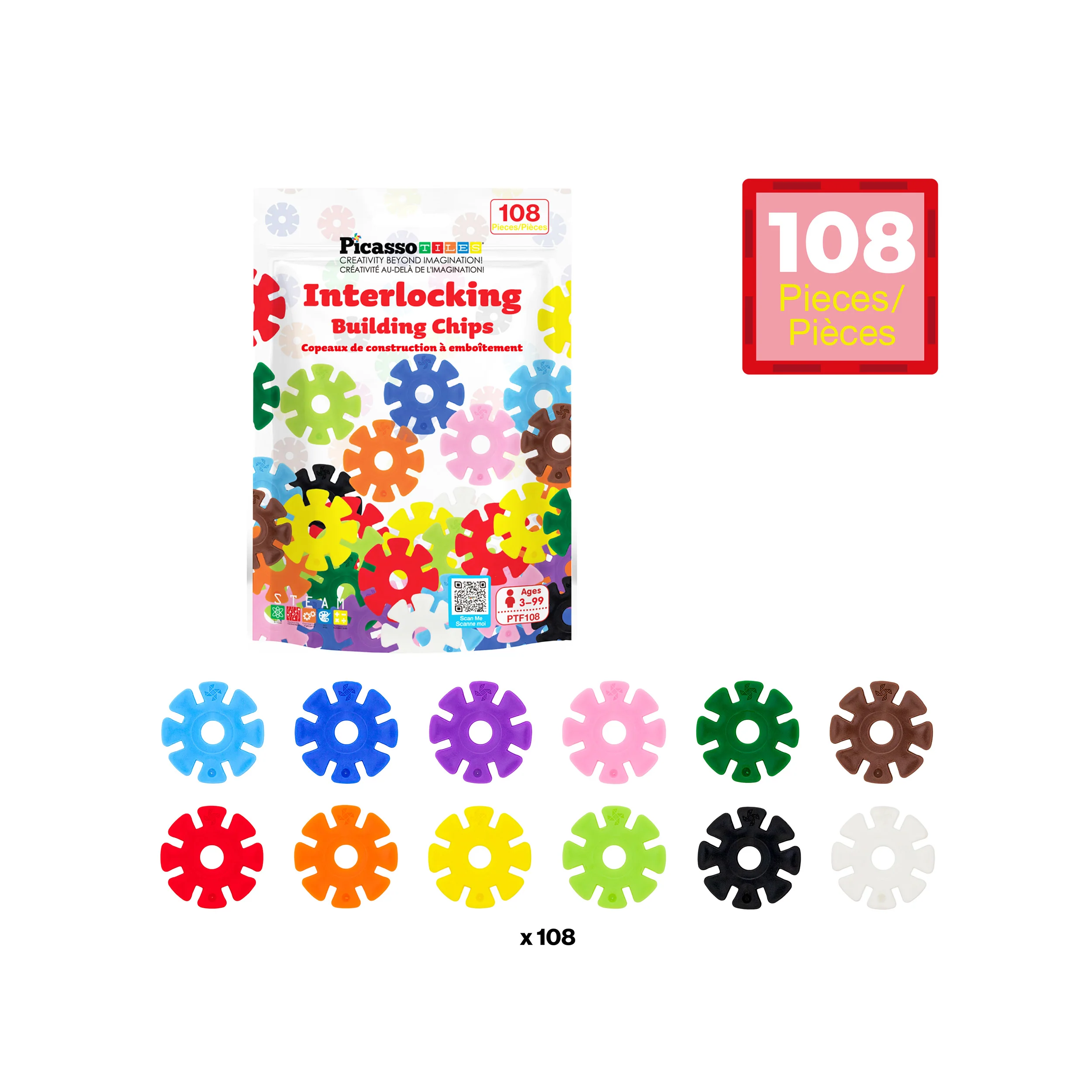 PicassoTiles 108pc Interlocking Disc Building Chips 12 Colors - Image 3