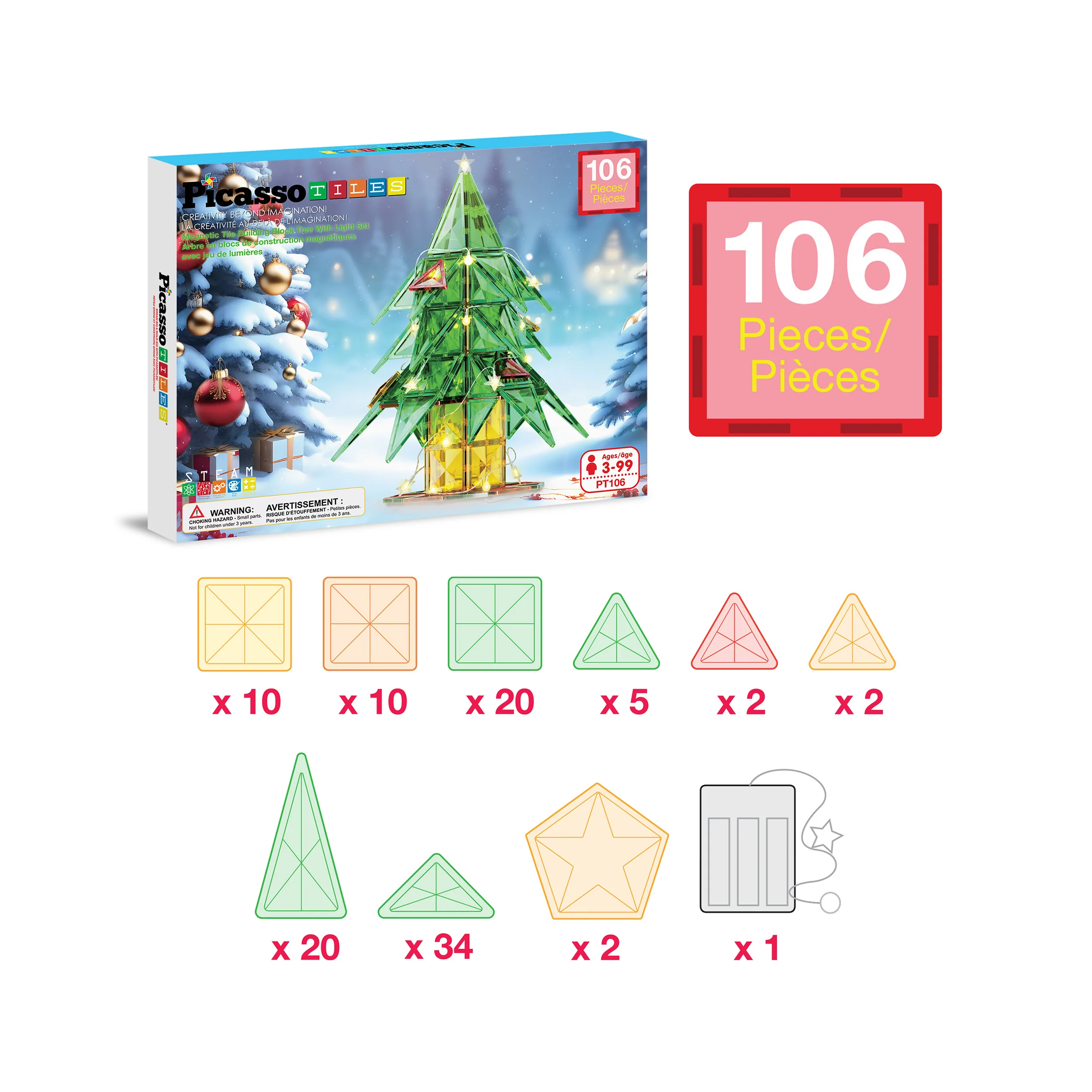 PicassoTiles 105pc Magnetic Tiles Holiday Christmas Tree Toy Set - Image 3