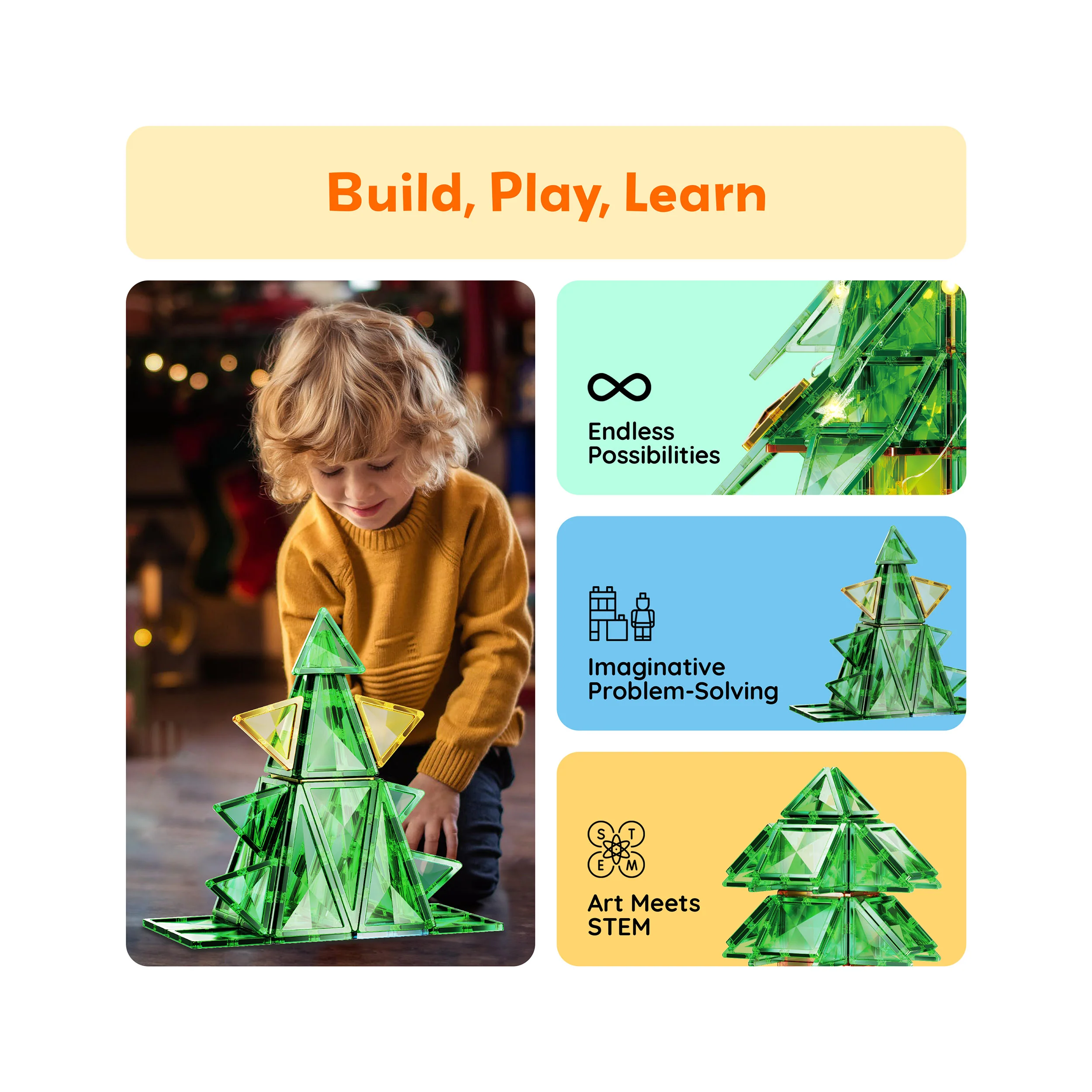 PicassoTiles 105pc Magnetic Tiles Holiday Christmas Tree Toy Set - Image 4