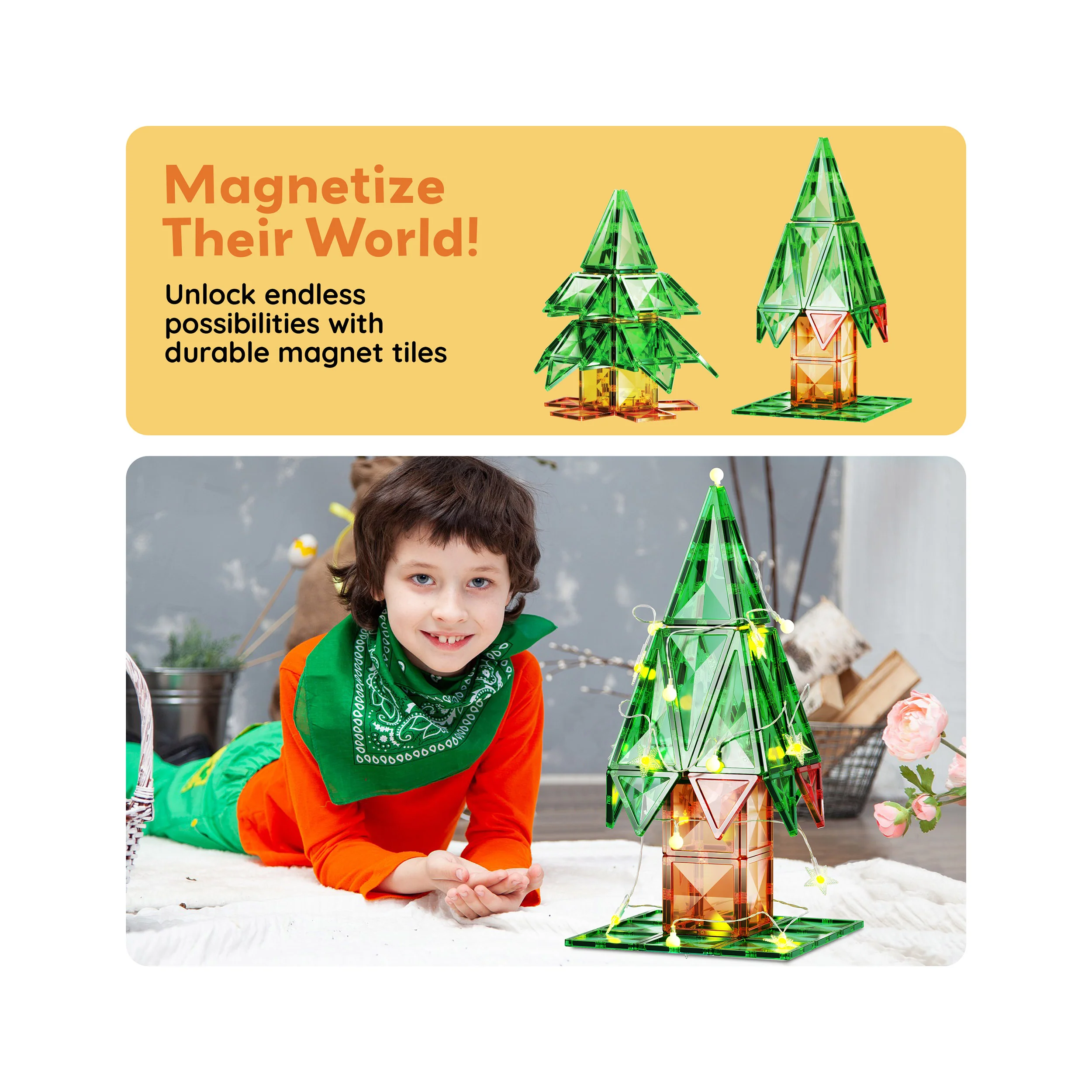 PicassoTiles 105pc Magnetic Tiles Holiday Christmas Tree Toy Set - Image 7