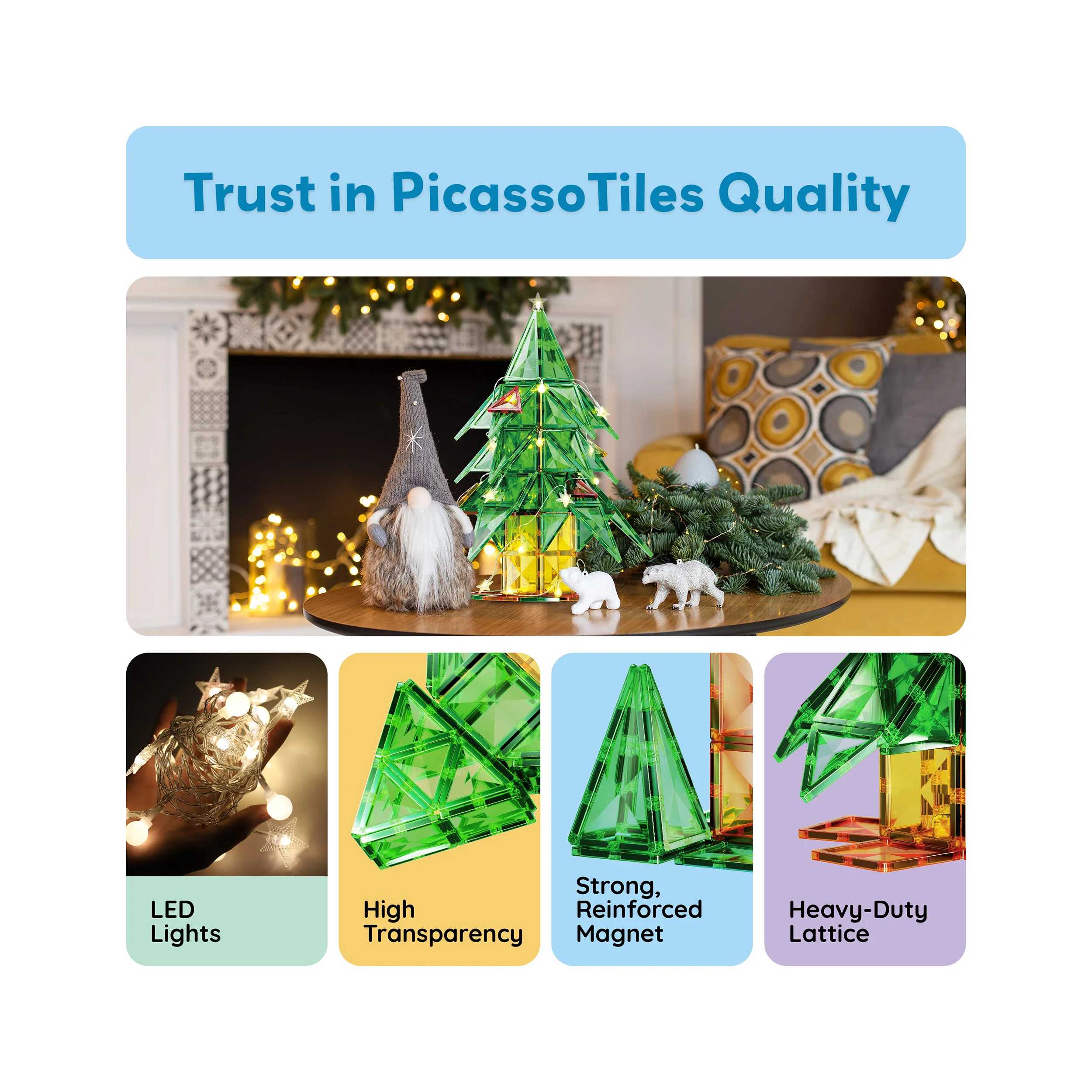 PicassoTiles 105pc Magnetic Tiles Holiday Christmas Tree Toy Set - Image 8