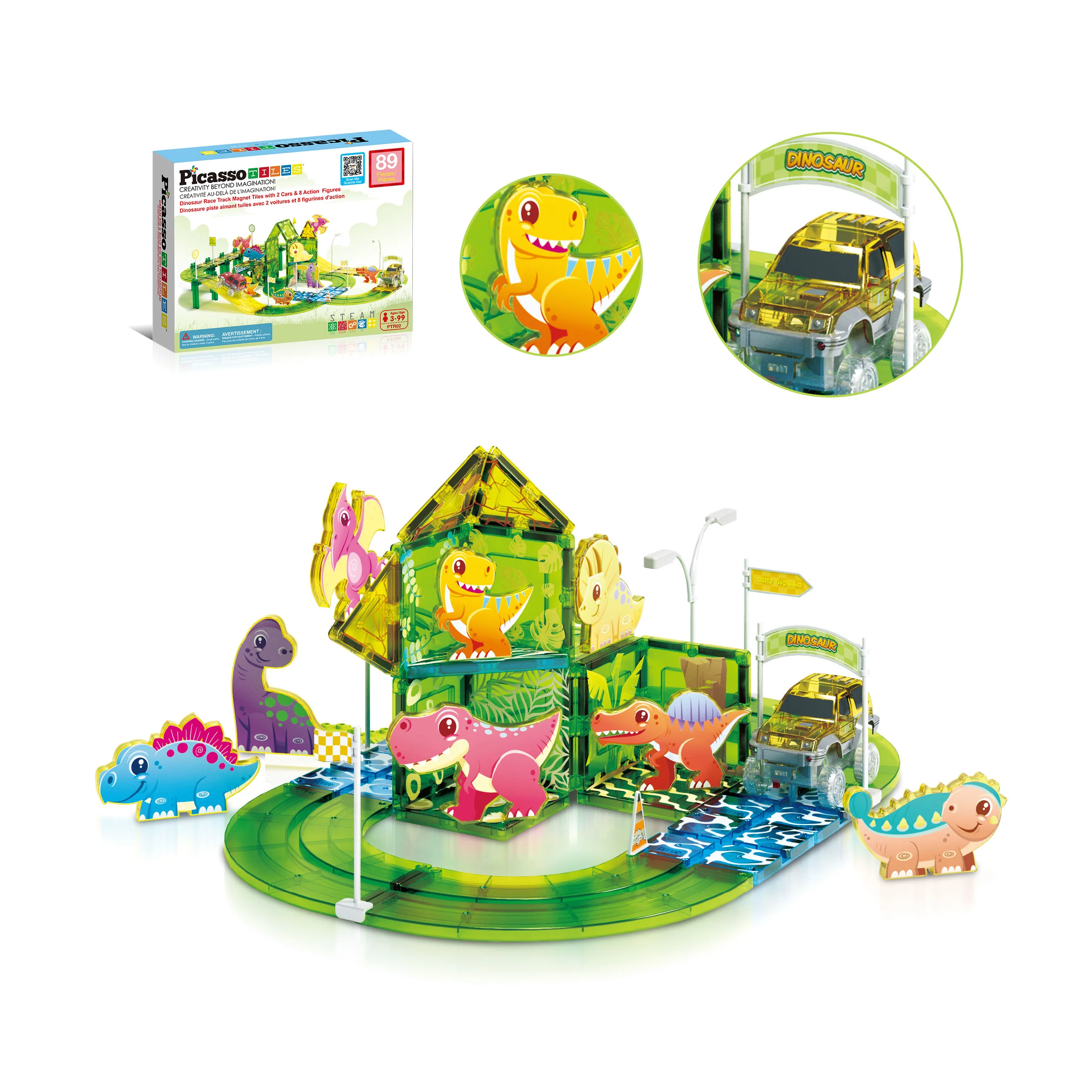 PicassoTiles Magnetic Tile Dinosaur Race Car Track Set