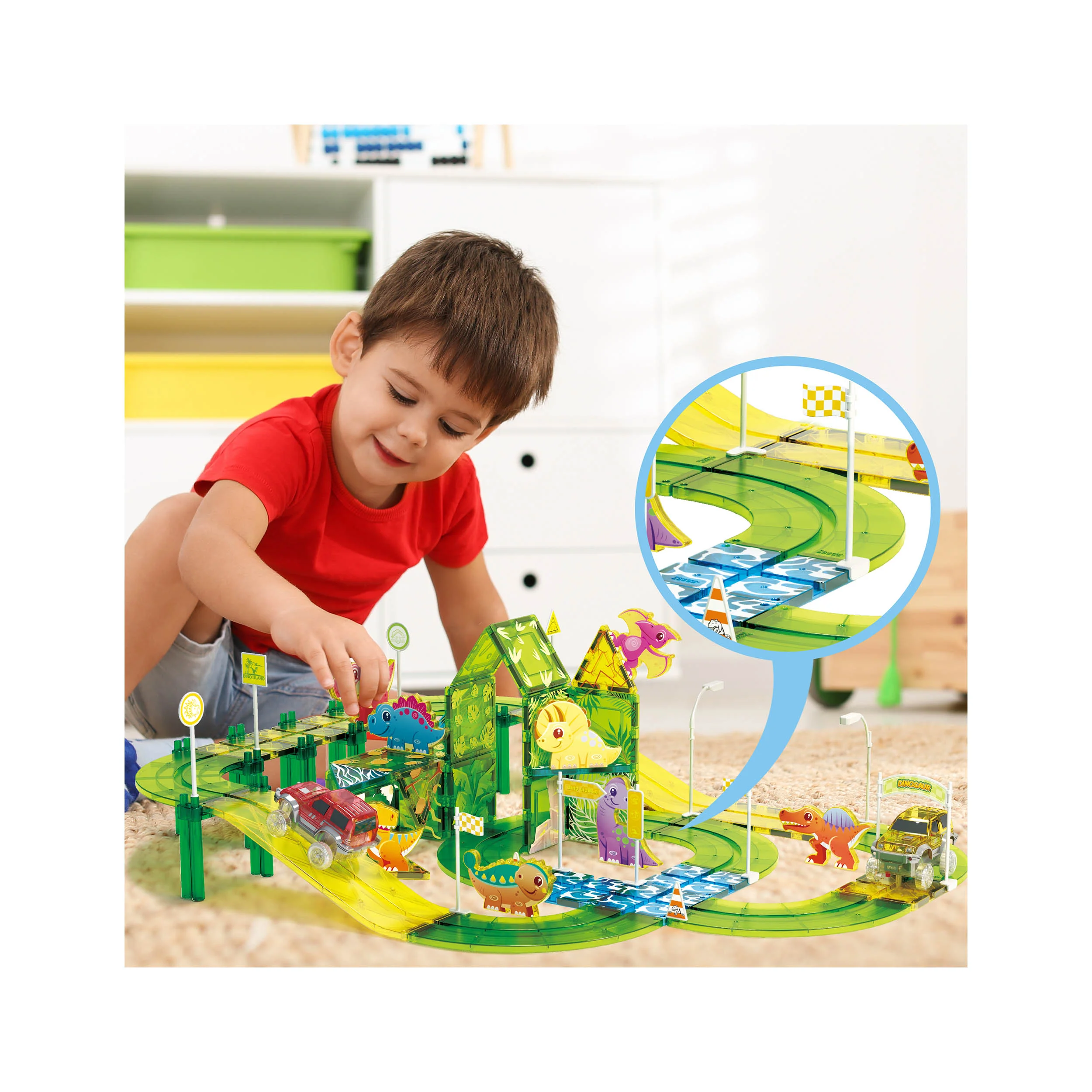 PicassoTiles Magnetic Tile Dinosaur Race Car Track Set - Image 2