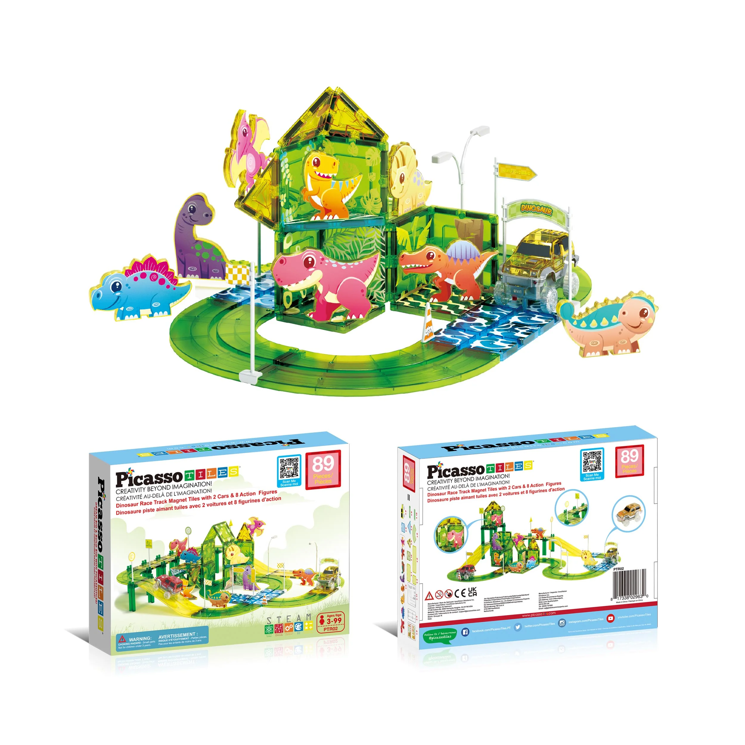 PicassoTiles Magnetic Tile Dinosaur Race Car Track Set - Image 4