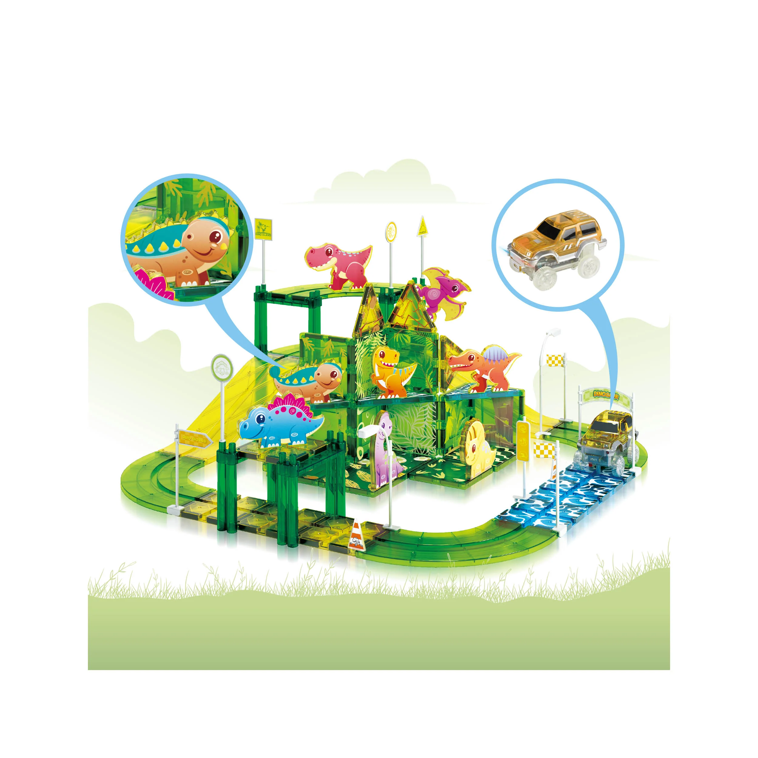 PicassoTiles Magnetic Tile Dinosaur Race Car Track Set - Image 6