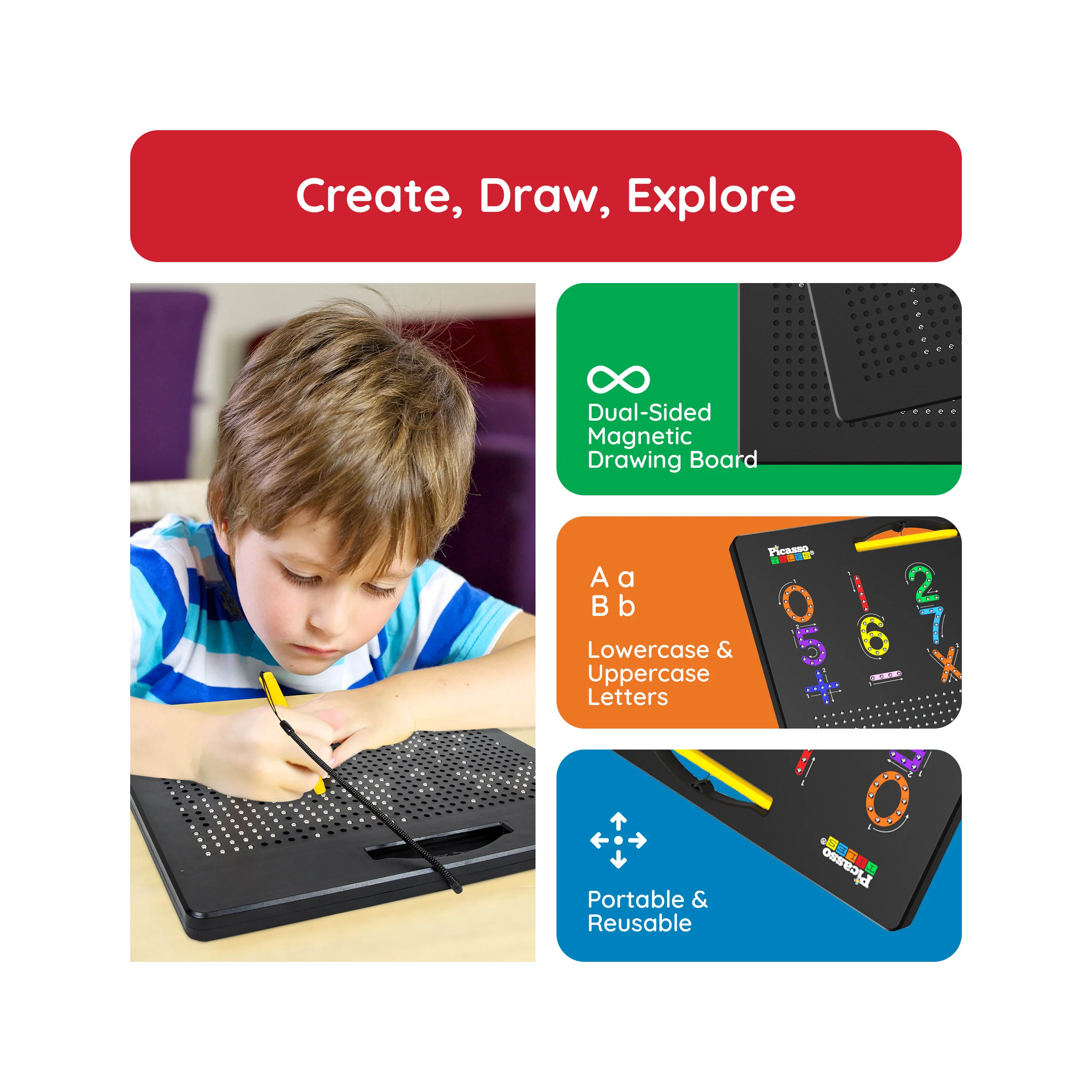 PicassoTiles Double-Sided Magnetic Drawing Board 12x10 Upper Lower Case - Image 3