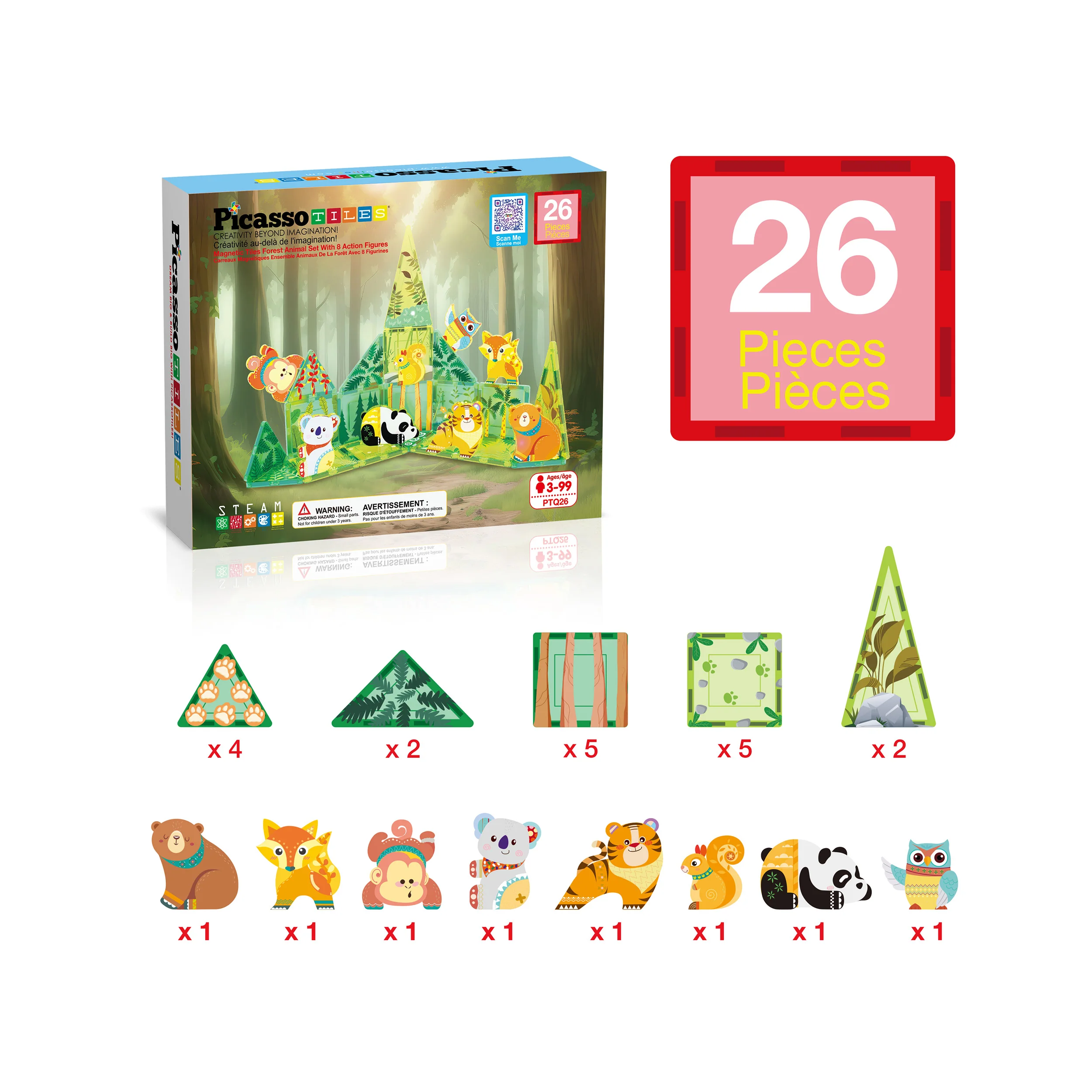 PicassoTiles 26 Piece Forest Animal Magnet Tile Building Blocks Set - Image 3