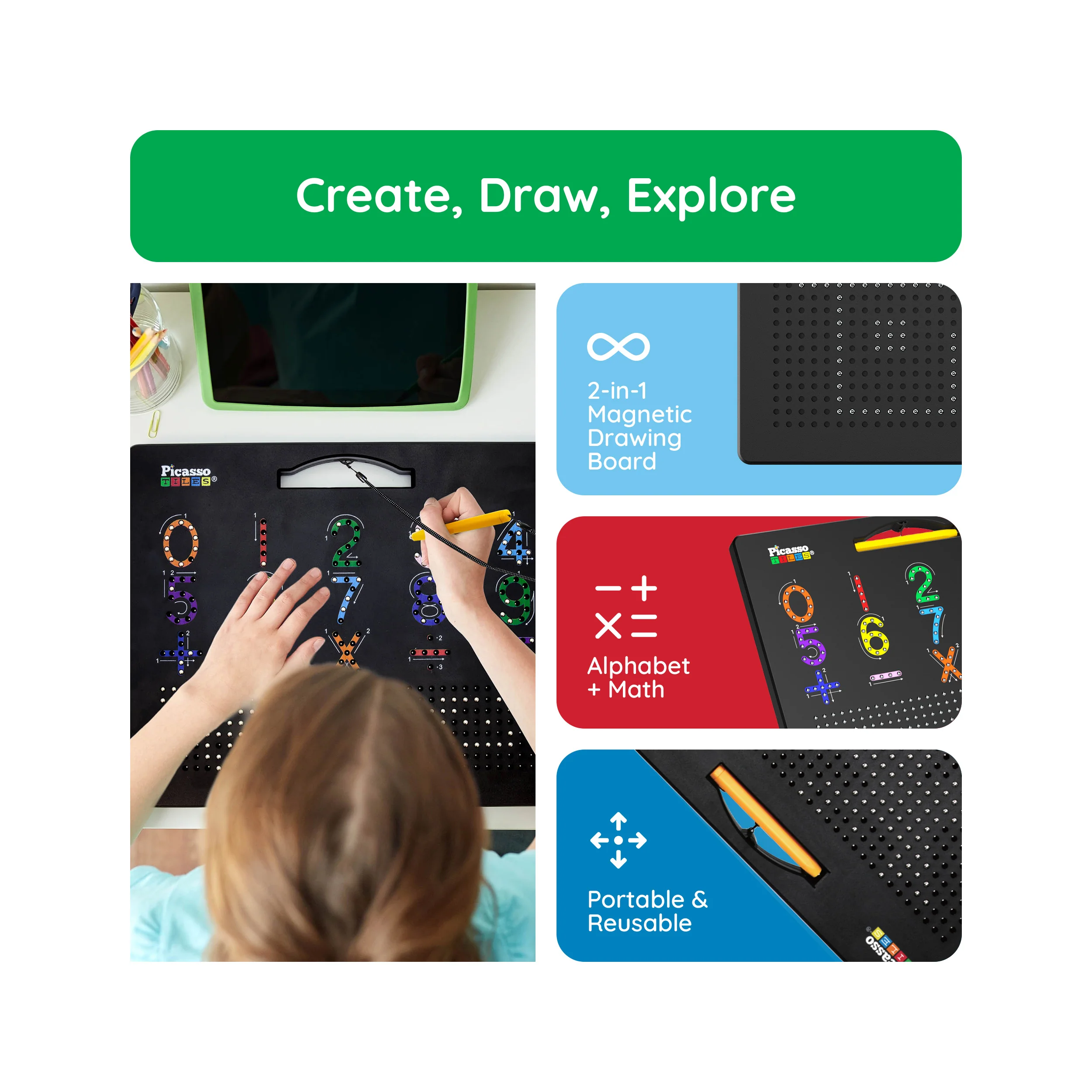 PicassoTiles Magnetic Drawing Board Letters & Numbers Double Sided - Image 3