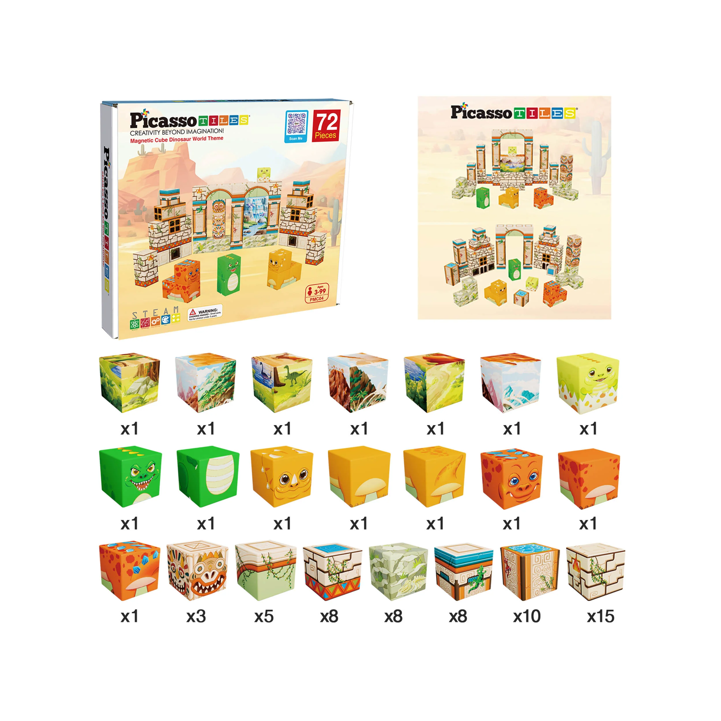 PicassoTiles Dinosaur Themed Magnetic Cube Mix and Match Building Blocks - 72 Pieces - Image 9