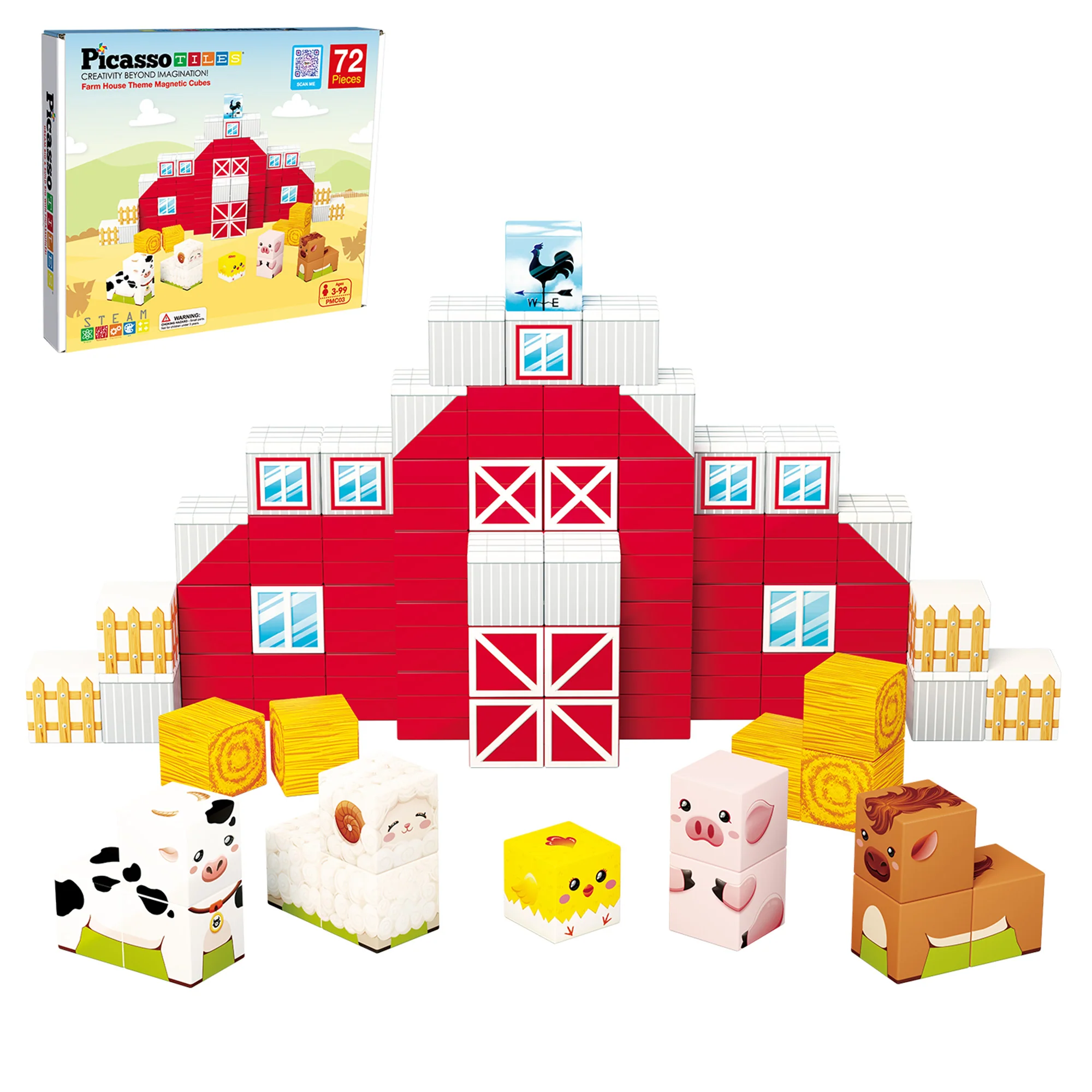 PicassoTiles 72pc Magnetic Puzzle Cube Farm House Building Set