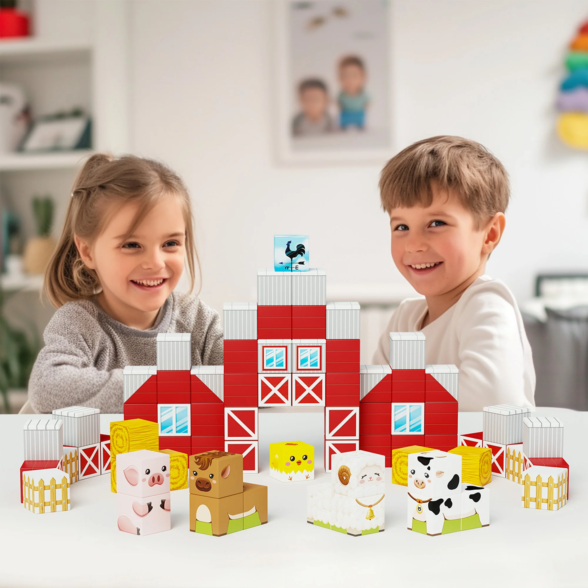 PicassoTiles 72pc Magnetic Puzzle Cube Farm House Building Set - Image 2