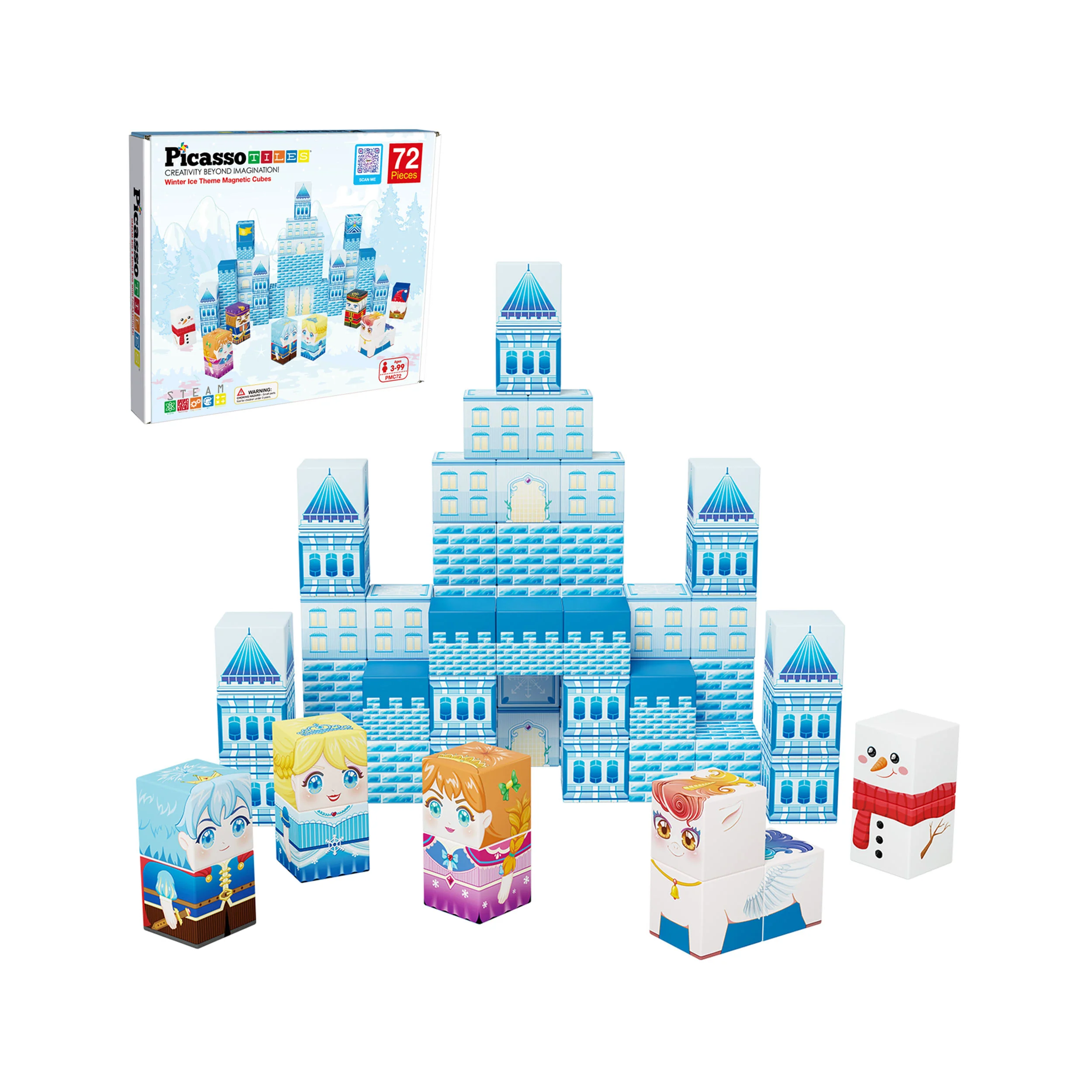 PicassoTiles Winter Ice Castle Themed Magnetic Puzzle Cube Building Set