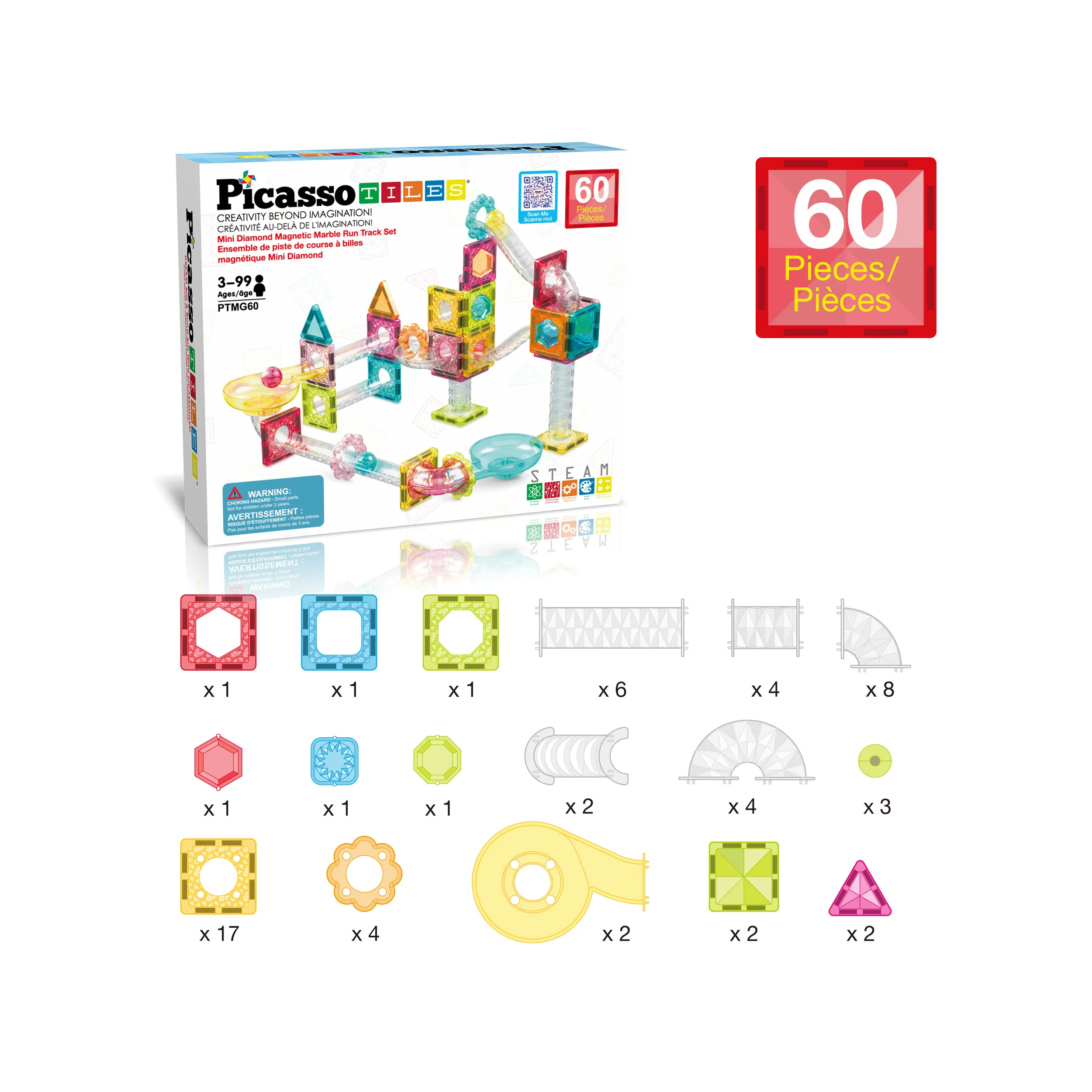 PicassoTiles 60pc Magnetic Tiles Marble Run Travel Size Construction Playset - Image 3