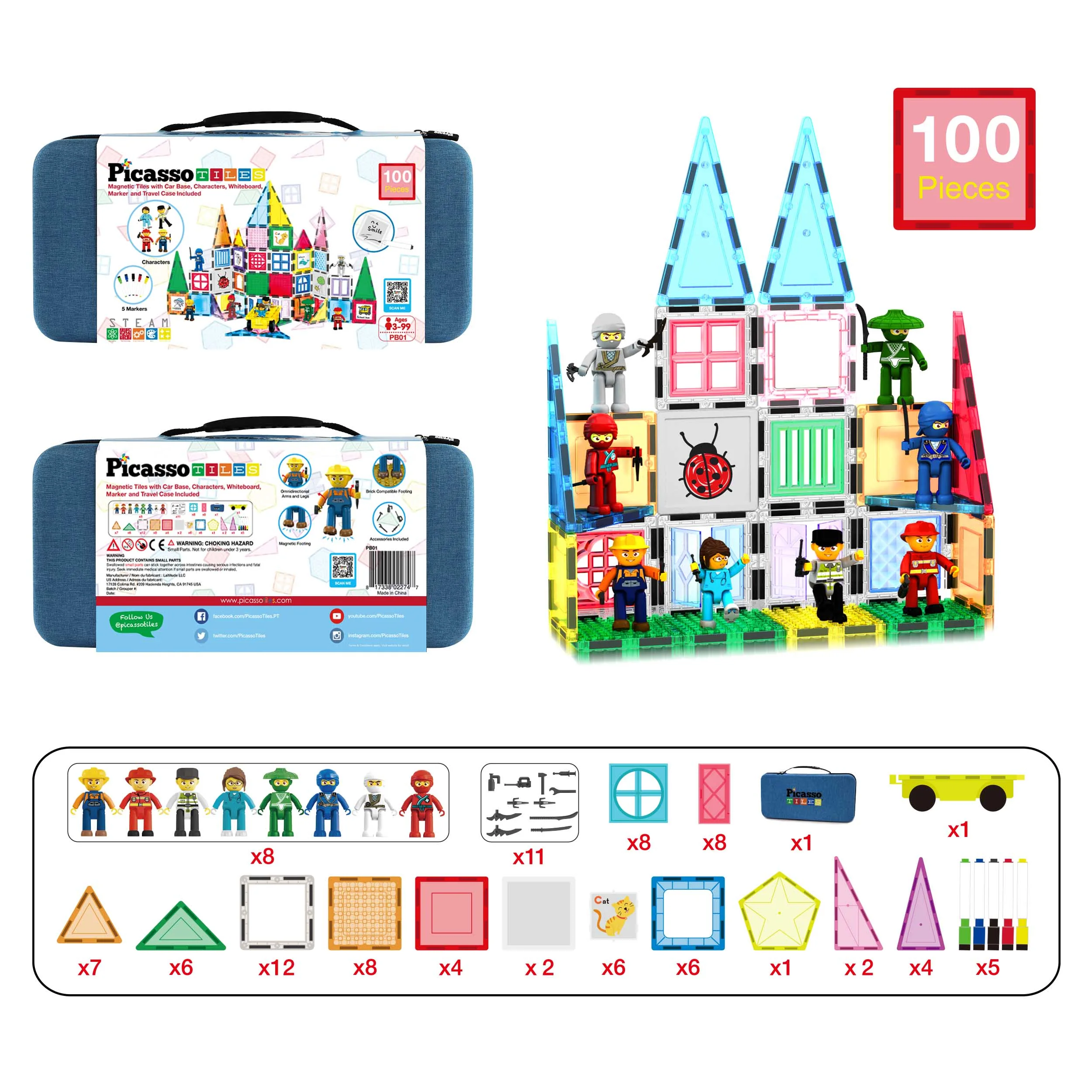 PicassoTiles Magnetic Tiles Set with Carrying Case (100 Pieces) - Image 8
