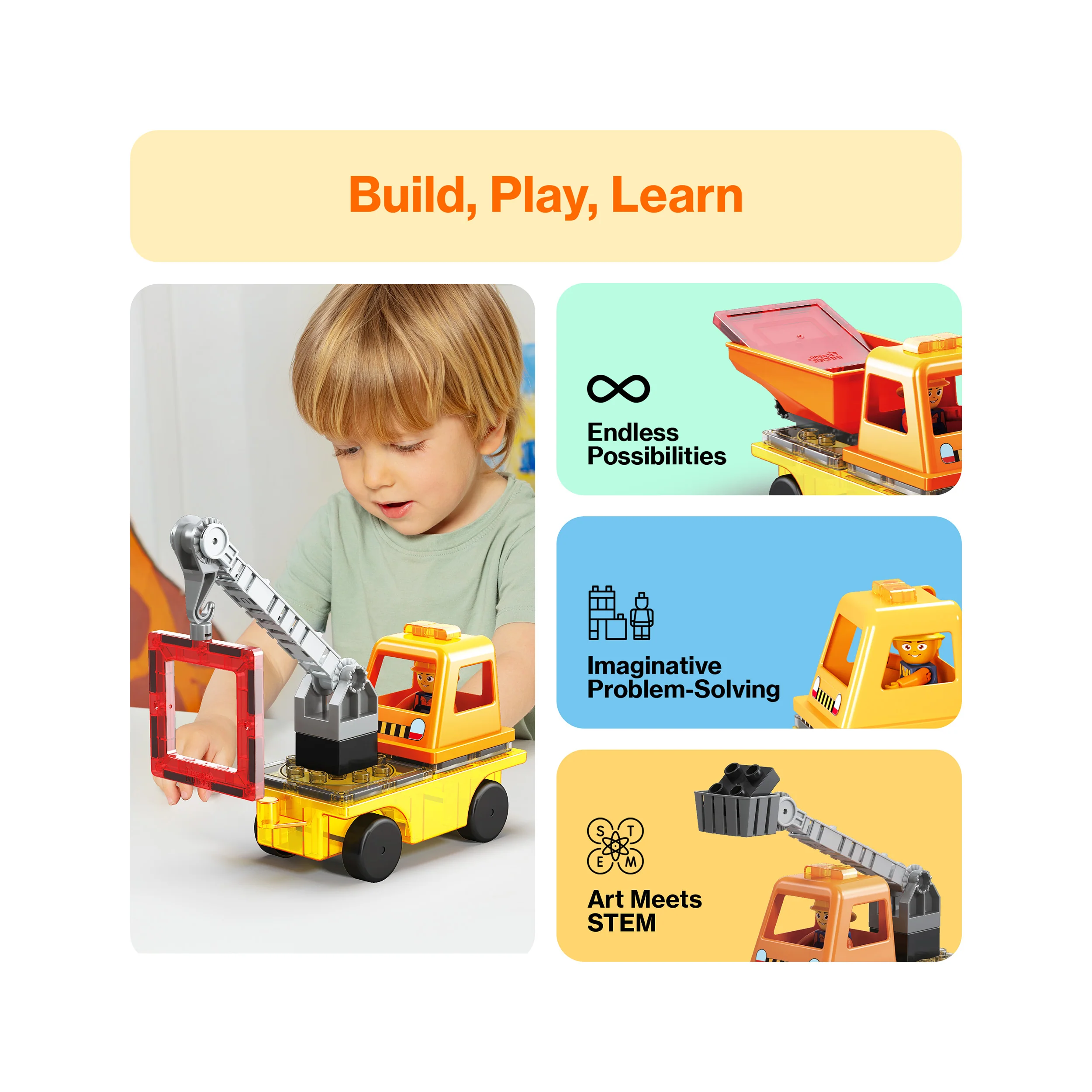 PicassoTiles Magnetic Tile 3-in-1 Construction Vehicle Set with Action Figures - Image 4