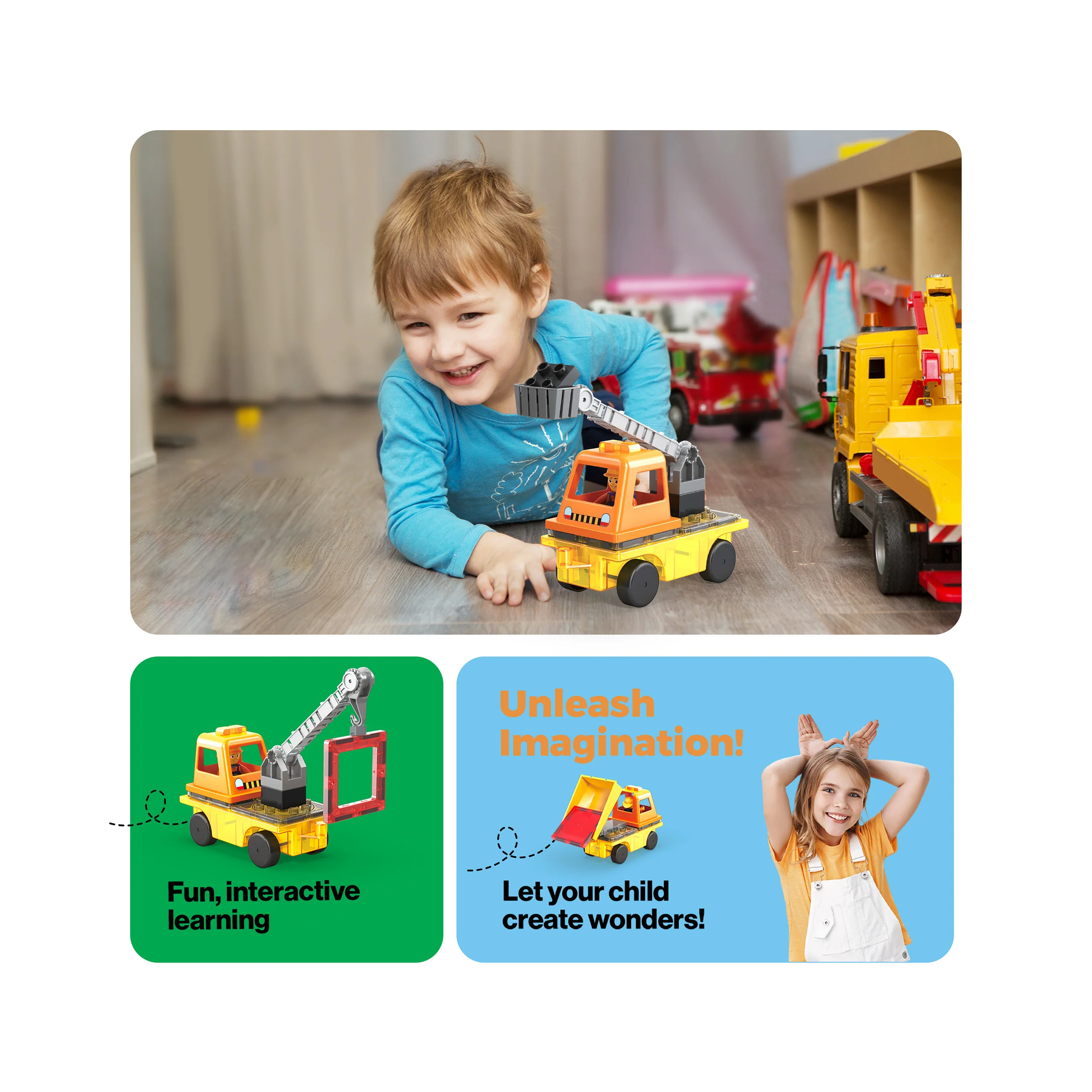 PicassoTiles Magnetic Tile 3-in-1 Construction Vehicle Set with Action Figures - Image 5
