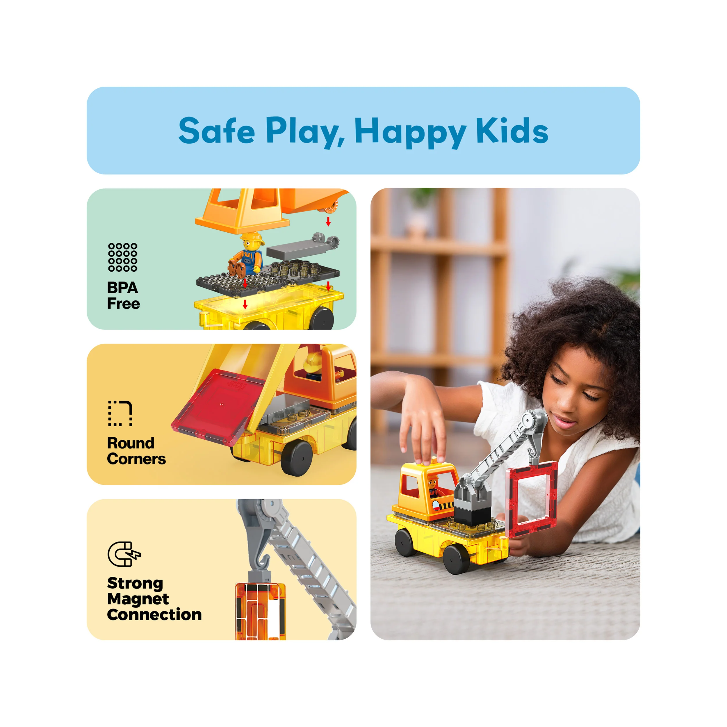 PicassoTiles Magnetic Tile 3-in-1 Construction Vehicle Set with Action Figures - Image 6