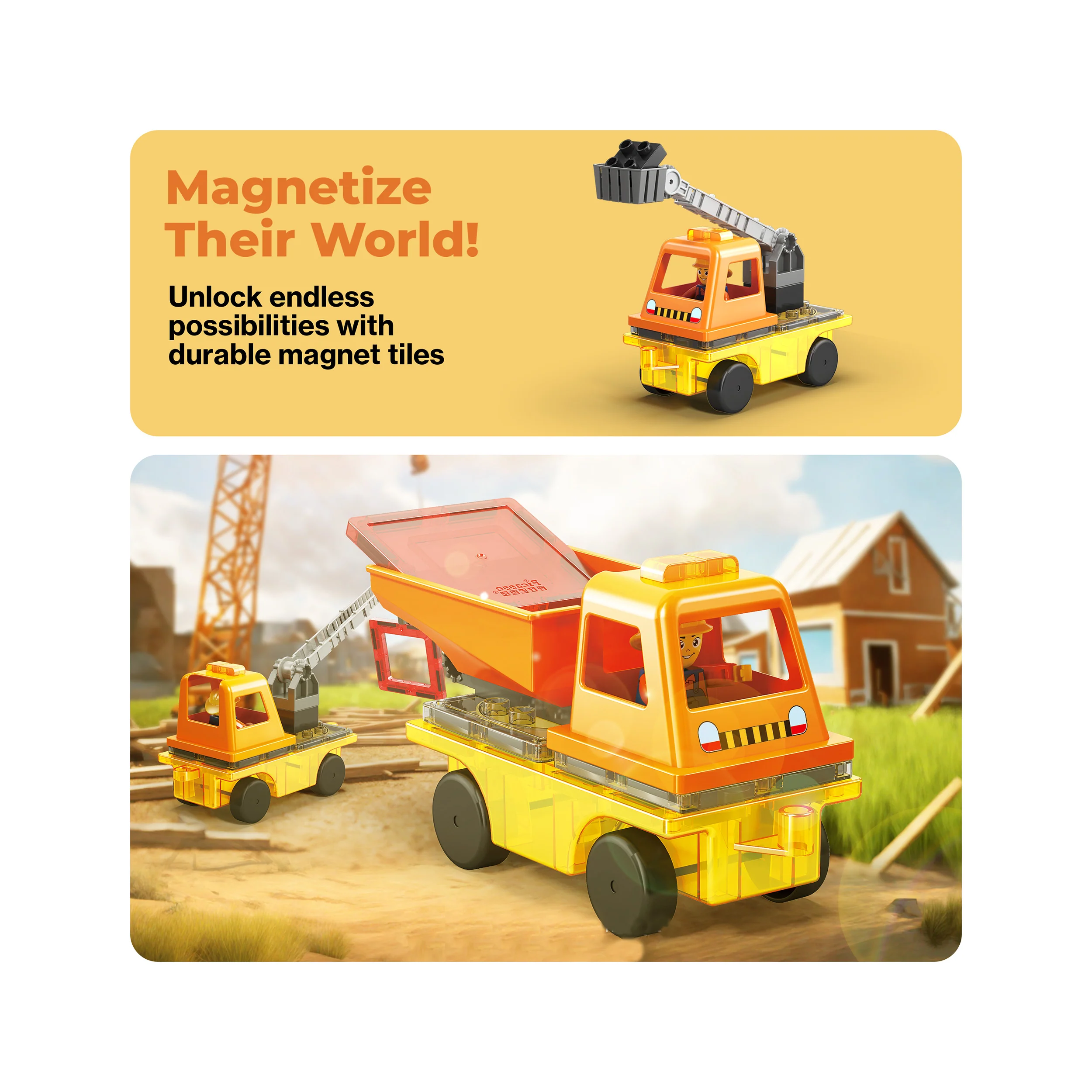 PicassoTiles Magnetic Tile 3-in-1 Construction Vehicle Set with Action Figures - Image 7