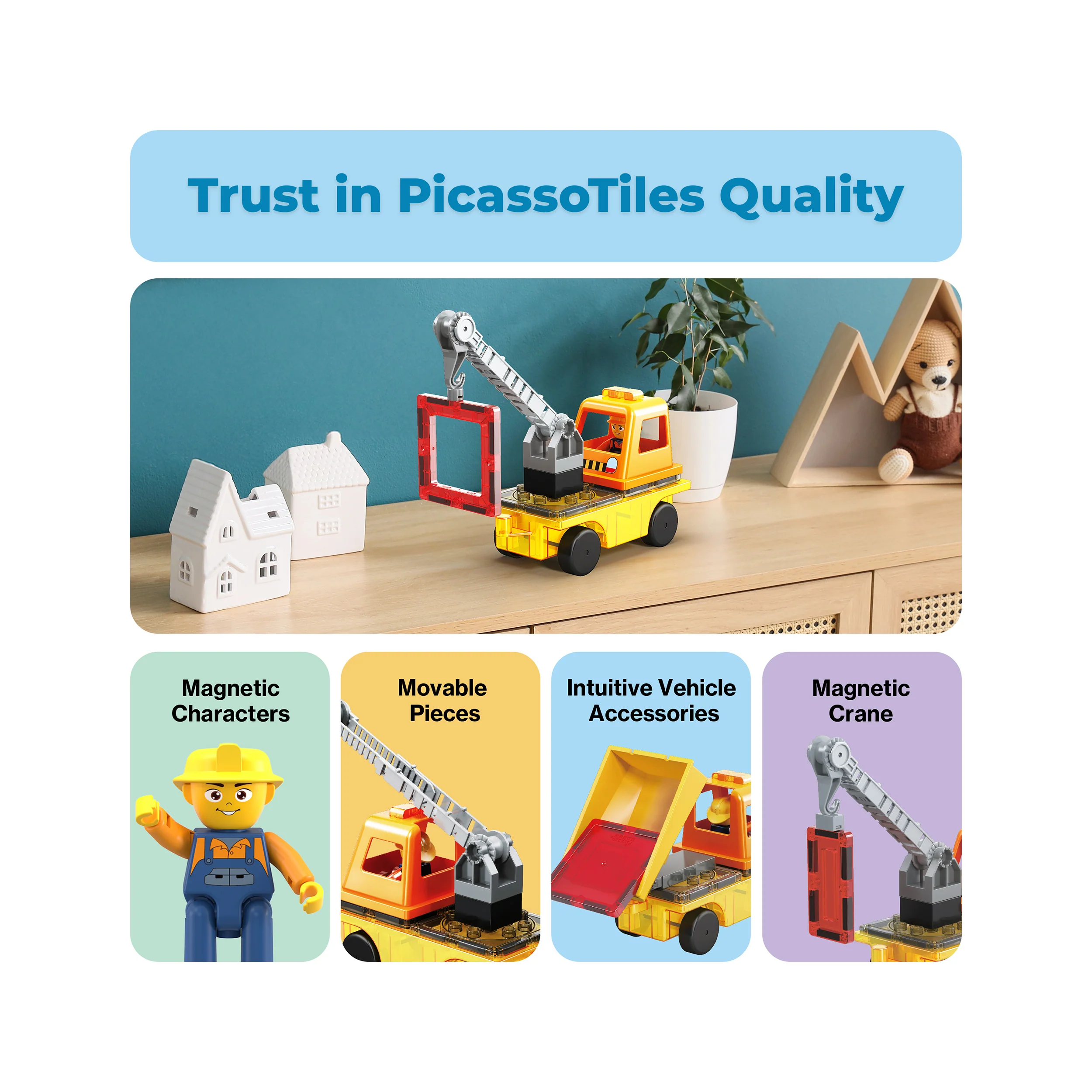 PicassoTiles Magnetic Tile 3-in-1 Construction Vehicle Set with Action Figures - Image 8