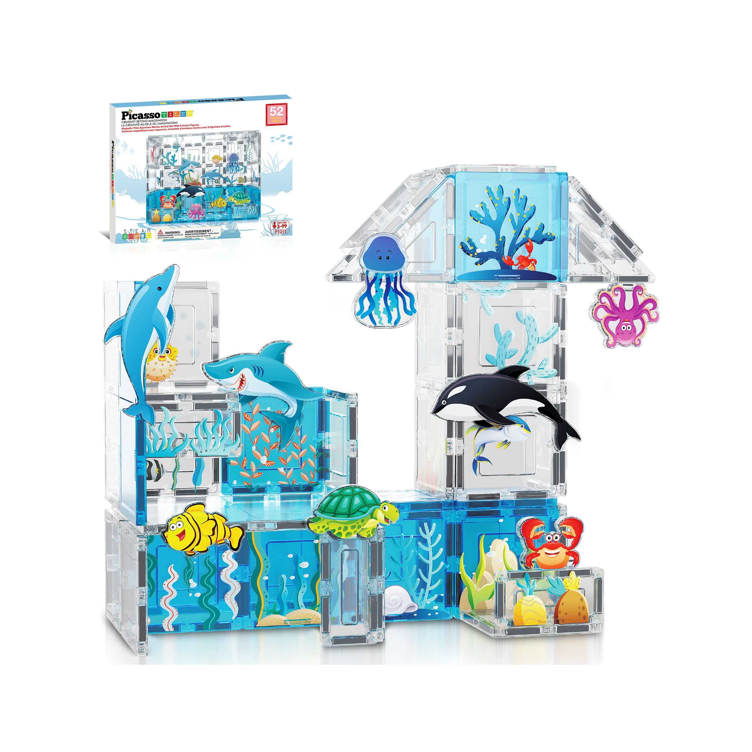 PicassoTiles  Magnetic Tiles Aquarium Marine World Set with Ocean Animal Characters (52 Pieces)